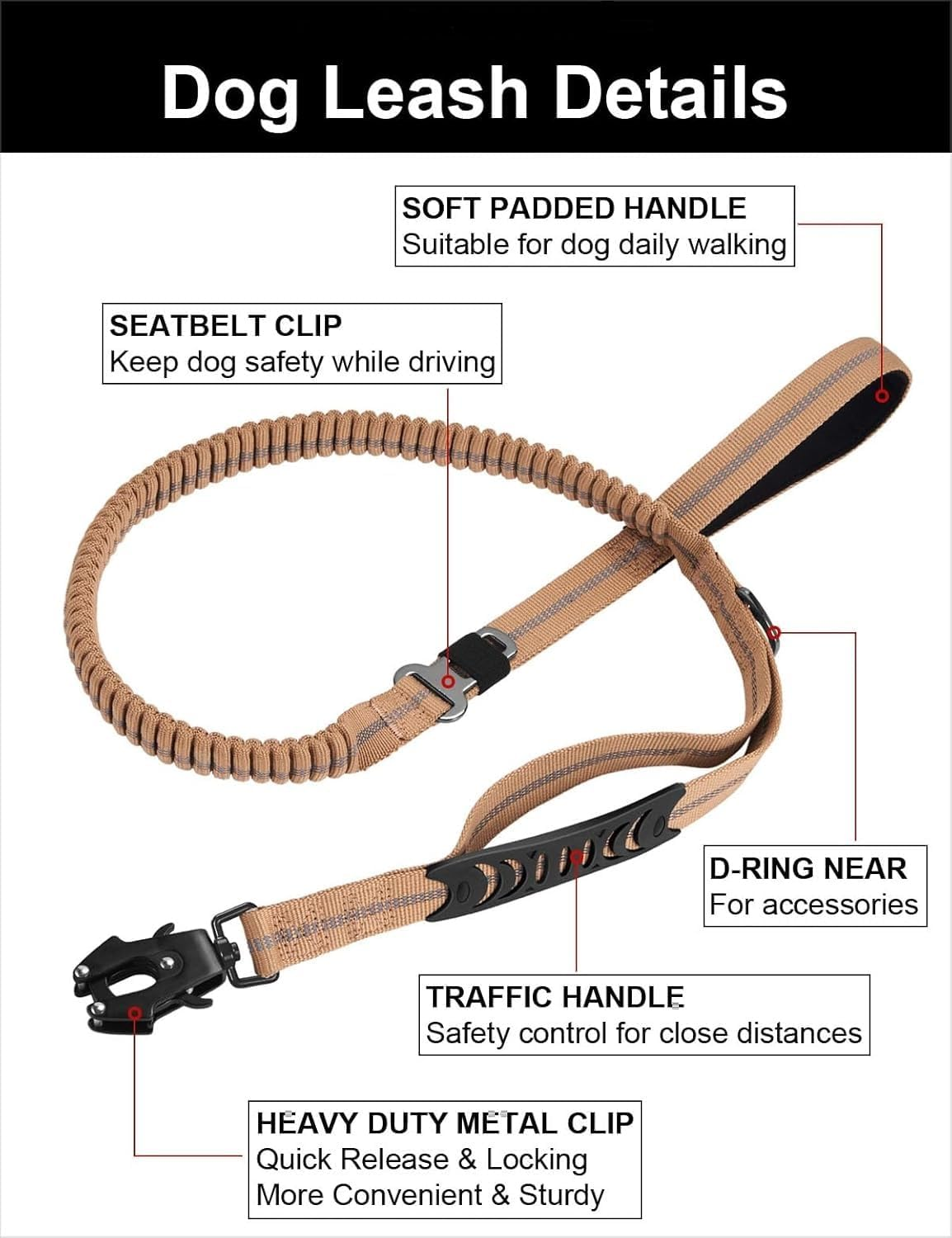 Heavy-Duty Dog Leash, 4-6 Feet Shock-Absorbing Tactical Dog Leash, Advanced Simple Metal Clips and No Traction Reflective Leash, Suitable for Middle-Sized and Large Dogs (Hyena Brown). - Black image number 4