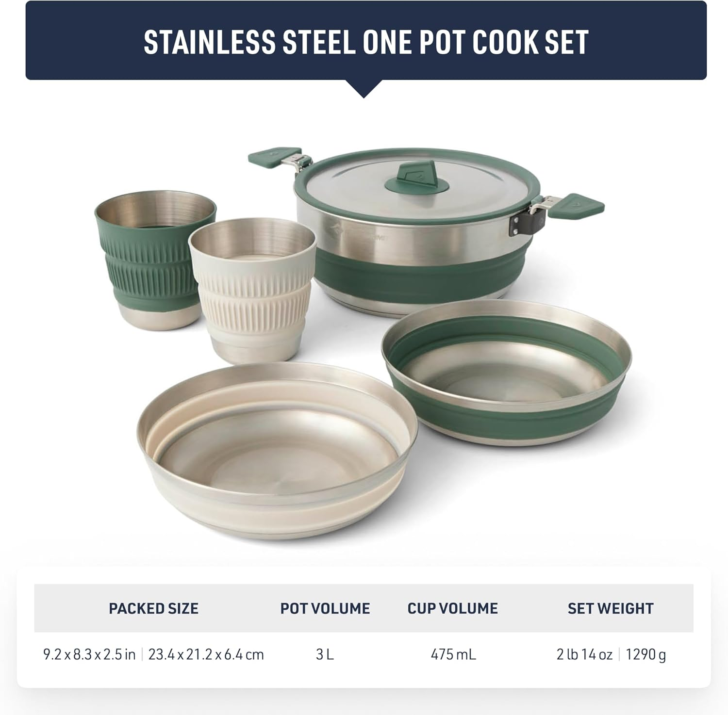 Sea to Summit Detour Stainless Steel 5-Pieces Cook Set, Laurel Wreath/Moonstruck, 3 Litre Capacity