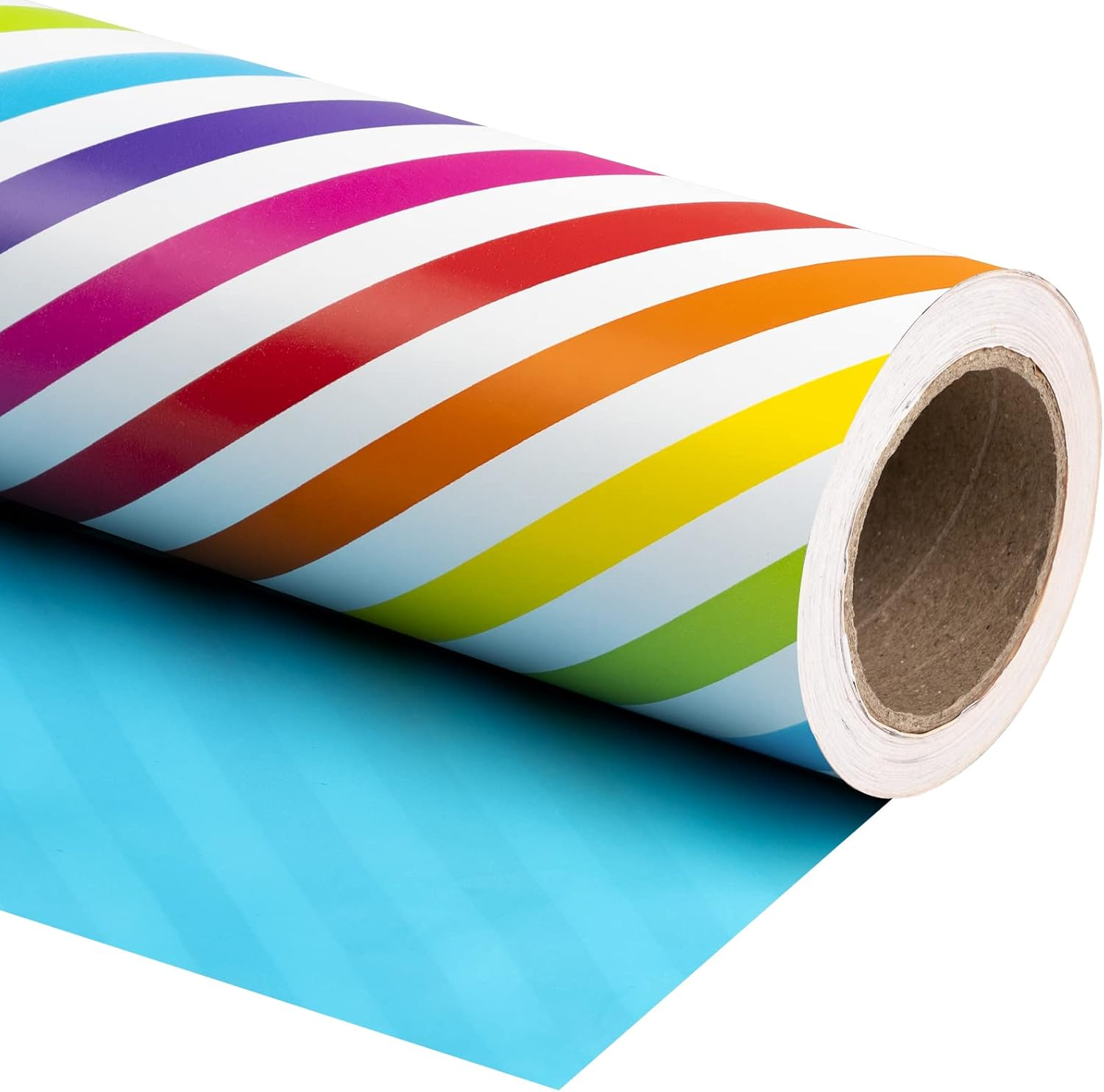 WRAPAHOLIC Reversible Wrapping Paper - Mini Roll - 17 Inch X 33 Feet - Rainbow Stripe and Solid Blue Design for Birthday, Celebration, Baby Shower