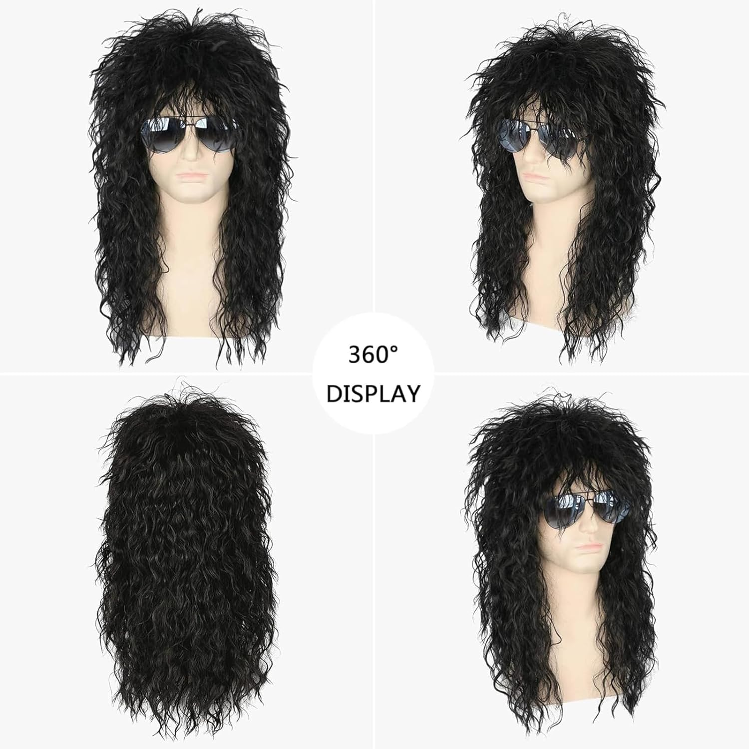 70S 80S Hair Metal Rocker Hippie Costume Accessories - Long Curly Black Synthetic Costume Wig for Halloween, Cosplay, Anime, Themed Parties (Unisex Adjustable Design) image number 5