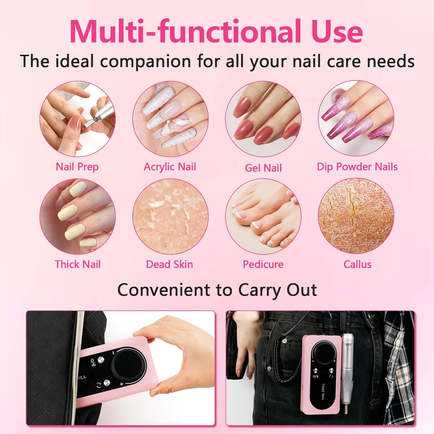 ANGNYA Nail Drill Electric File Machine Set for Gel & Acrylic Nails, Professional Efile Manicure Tools & Supplies for Tech Essentials (Pink) image number 1