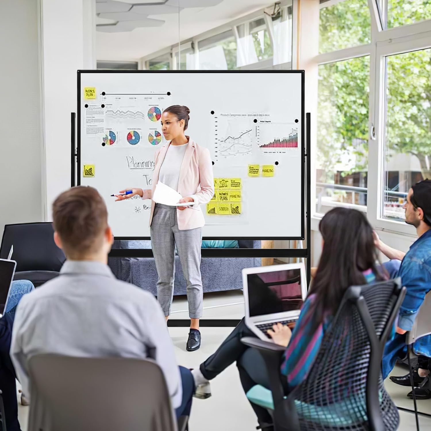 Costway 90 X 120 Cm Mobile Magnetic Whiteboard, Double-Sided Reversible & Lockable Free-Standing Whiteboard, Adjustable-Height, 360&deg; Rolling Dry Erase Board with Flip Chart for School, Office, Home image number 6