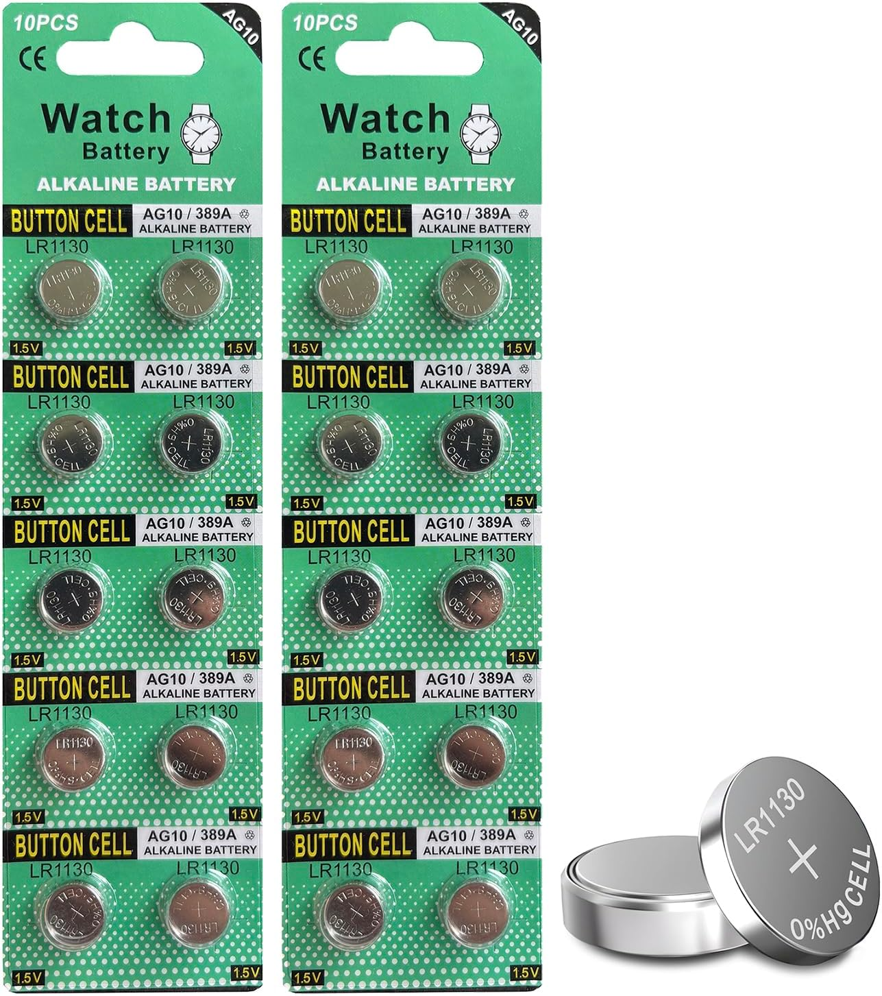 LR1130 Battery 1.5 Volt AG10 Coin Cell 389A Batteries 20 Pack in Original Packaging for Watch, Car Key, Calculator, Electronic Scale, Toy