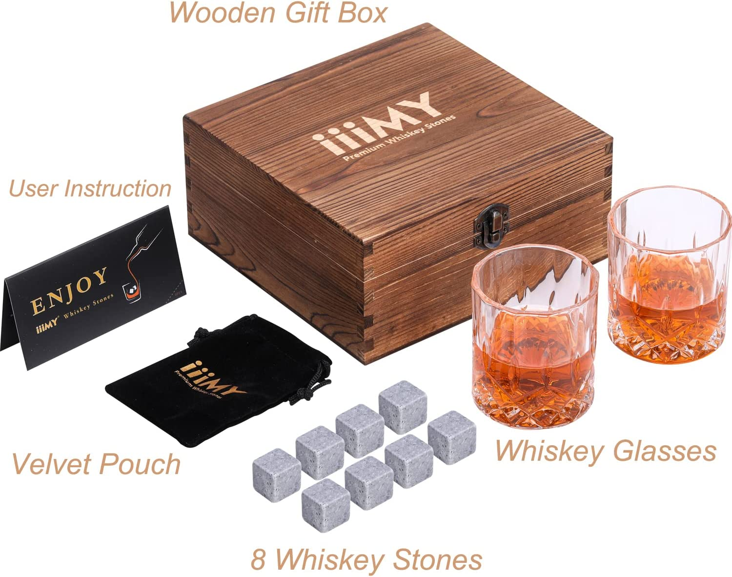 Whiskey Stones and Glasses Gift Set, 8 Whiskey Rocks Chilling Stones and 2 Whisky Glasses in Handmade Wooden Box&ndash; Cool Drinks without Dilution &ndash; Dad, Husband, Men Gift image number 5