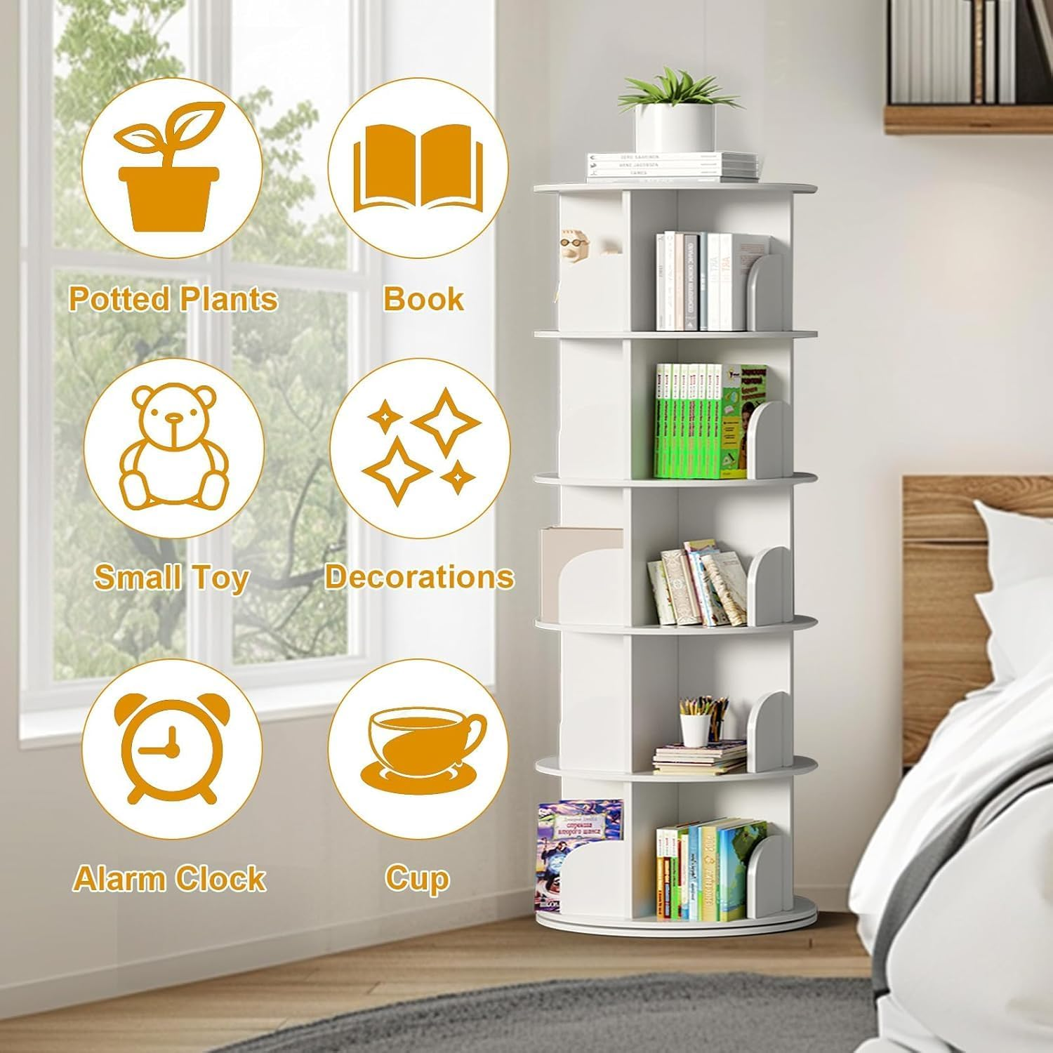 Lehom 5 Tier Rotating Bookshelf, 360&deg; round Spinning Bookcase, Floor Standing Revolving Book Shelf Tower, 160Cm Tall Circle Swivel Bookcase for Small Space, Bedroom, Study Room, White