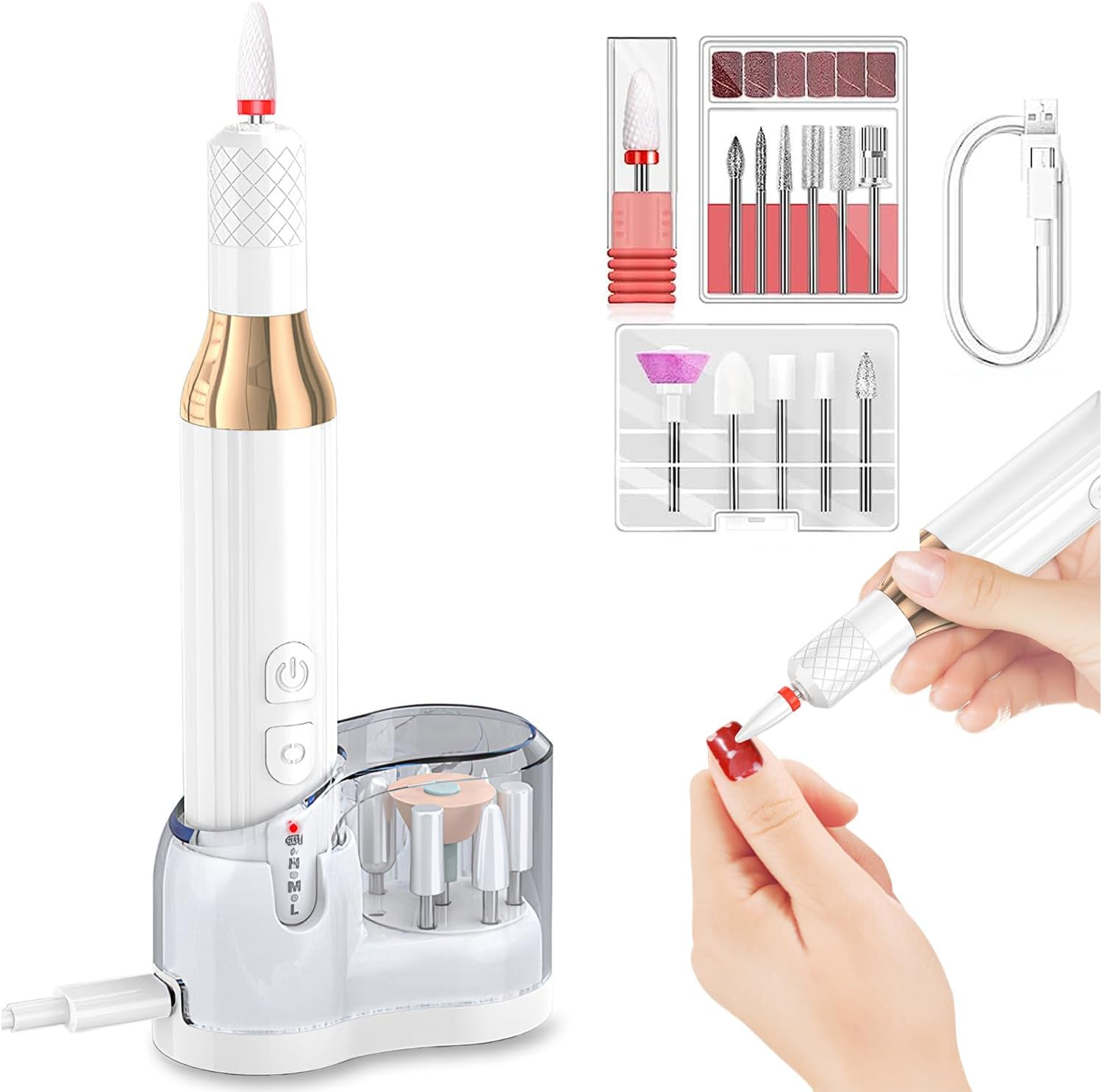 Electric Nail Drill Acrylic Nail File with Wireless Charging & Storage Base for Gel Nails, Portable Rechargeable Electric Nail Drill Machine for Polishing Grinding Trimming, Safe for Beginners Professional image number 4