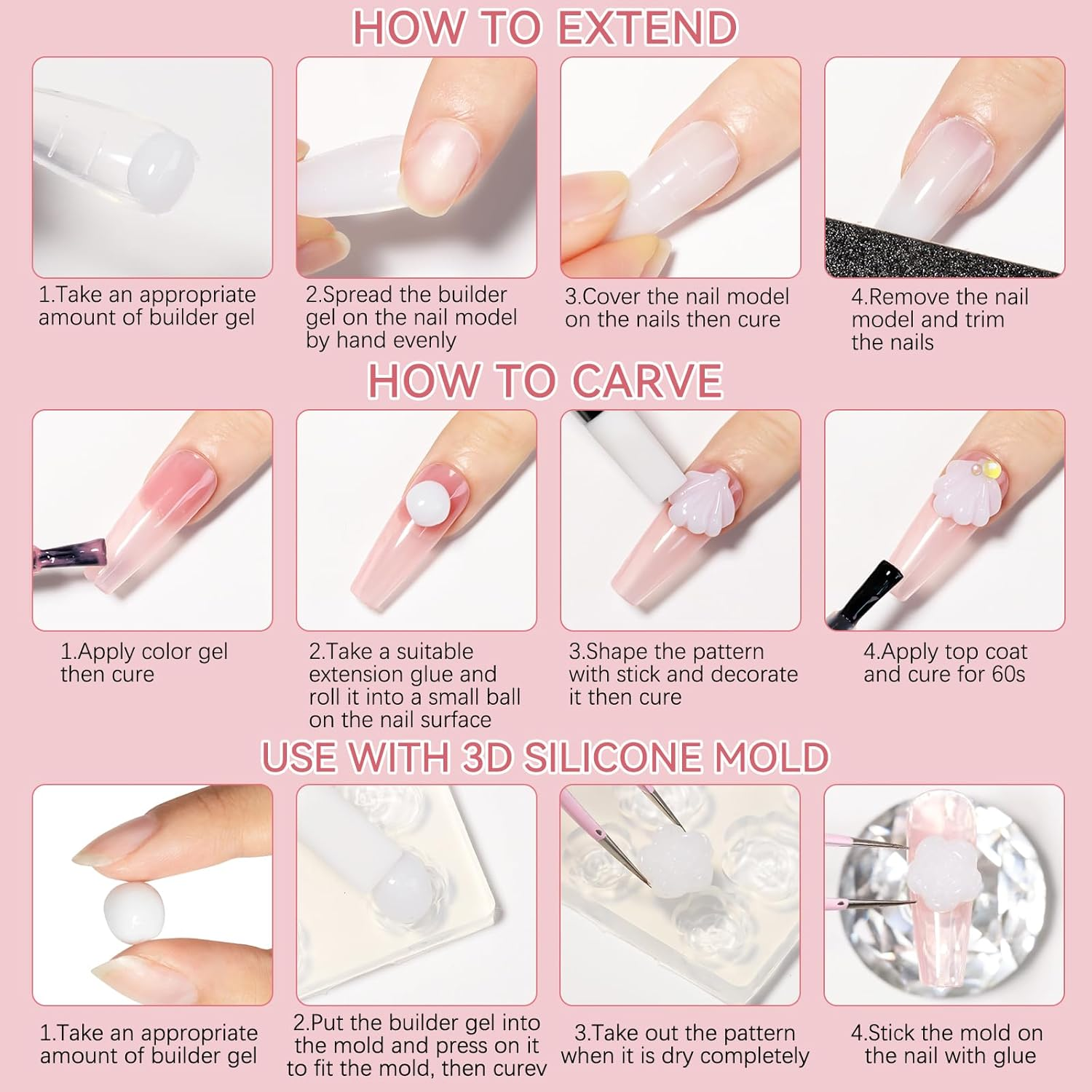 SUPWEE Solid Builder Gel 2PCS Clear & White 3D Nail Art Gel Kit with 36PCS Nail Forms for Sculpting Carving Modeling and Extension Soak off U V Home Diy Manicure image number 1