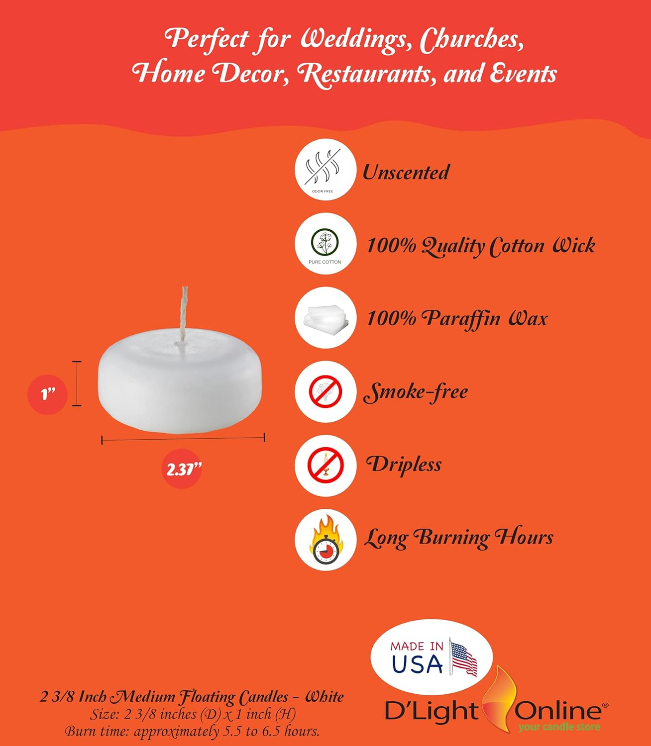 D'Light Online Large 3 Inch Bulk Event Pack Floating Candles, Wax, White, Medium - 2.37" (Set of 96) image number 6