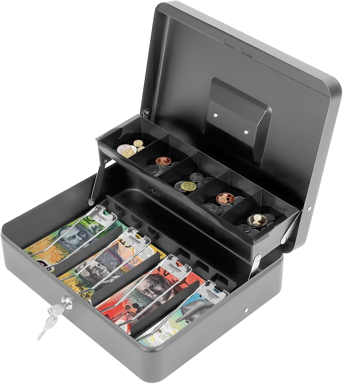 Aumerage Metal Cash Box with Security Lock & 2 Keys - 4 Bill/5 Coin Tray Storage, Large Lockable Money Box for Small Business/Home (Gray) image number 2