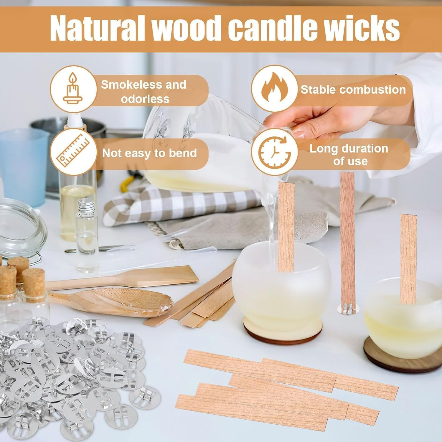 100 Pack Candle Wicks, Wooden Wick for Candles, Smokeless Candle Wick W/Iron Stands for Handmade Candles, Craft (15 X 150Mm) image number 6