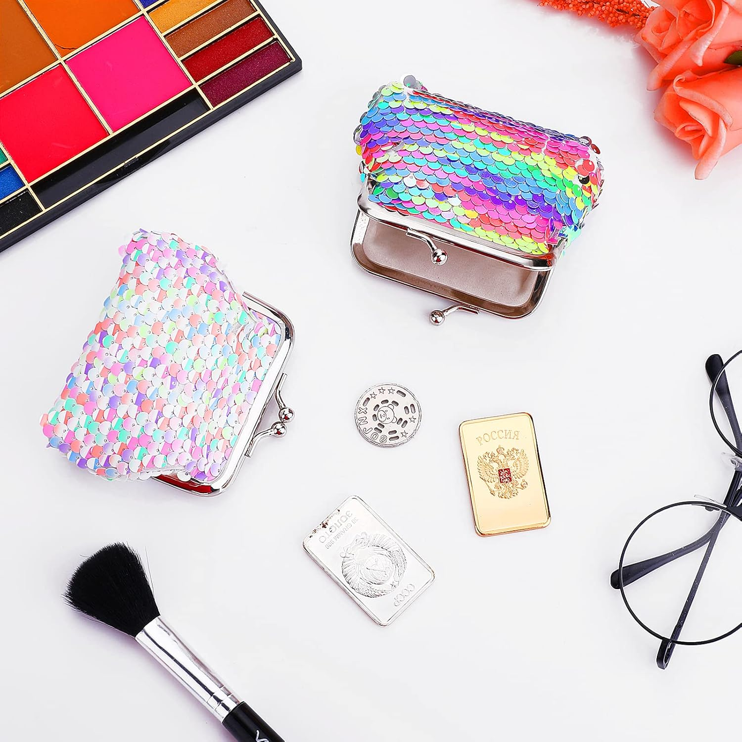 Prasacco 2 Pcs Sequin Coin Purses Reversible Sequin Mini Wallet with Kiss-Lock Closure Colorful Change Coin Purse Bag Handbags for Kids Girls Women Party Favor, Assorted, Colorful