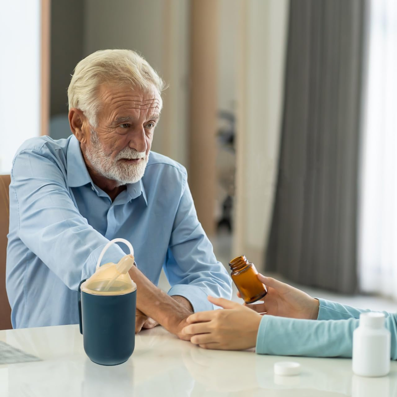 Minkissy Elderly Spill Proof Cup with Straw Handle 400Ml Drinking Bottles Adults Stainless Steel Feeding Resistant Leak-Proof for Pregnant Disabled Bedridden Patients-Blue image number 5