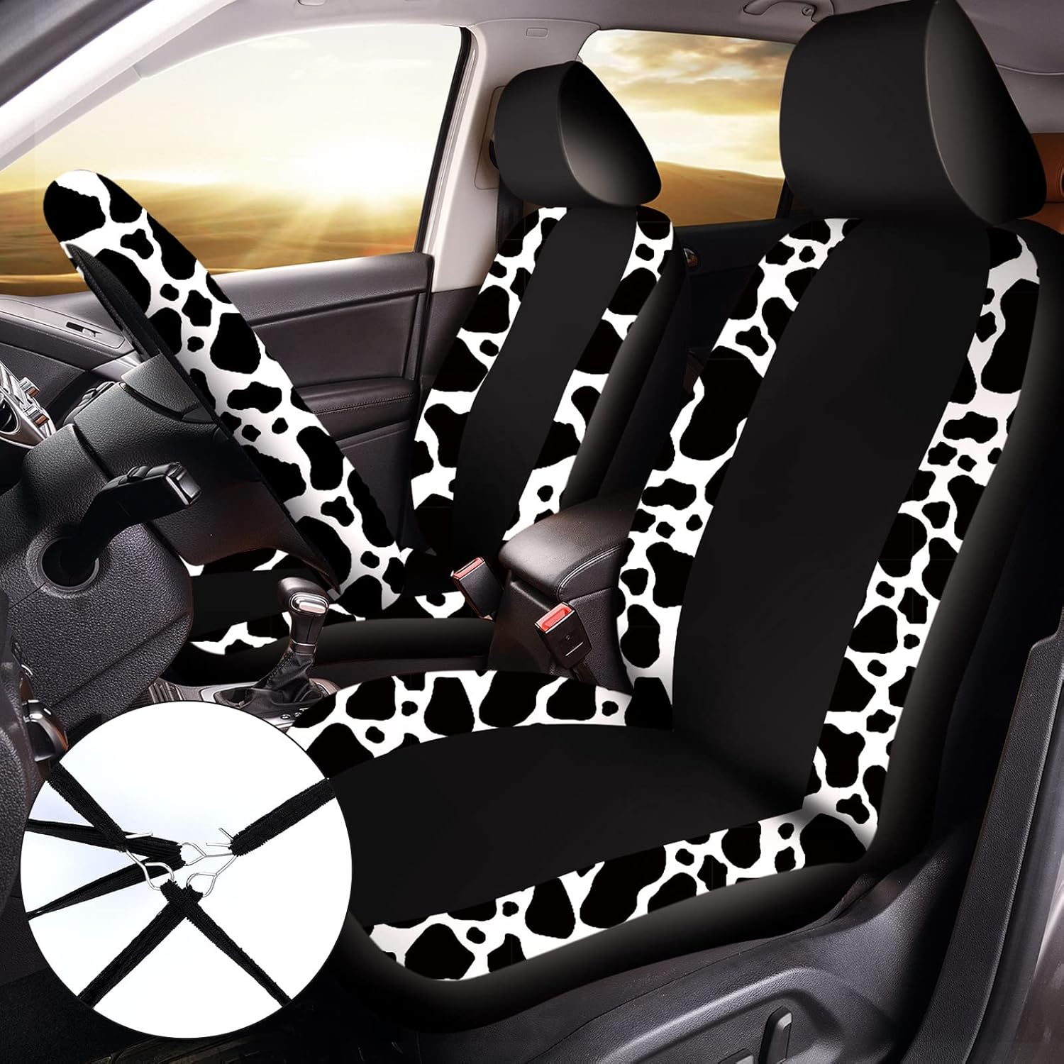 BBTO 26 Pcs Cow Print Car Accessories Cow Print Seat Covers Set Steering Wheel Cup Holders Foot Armrest Pads License Plate Seat Belt Mirror Handbrake Gear Cover Keyring for Truck SUV image number 2