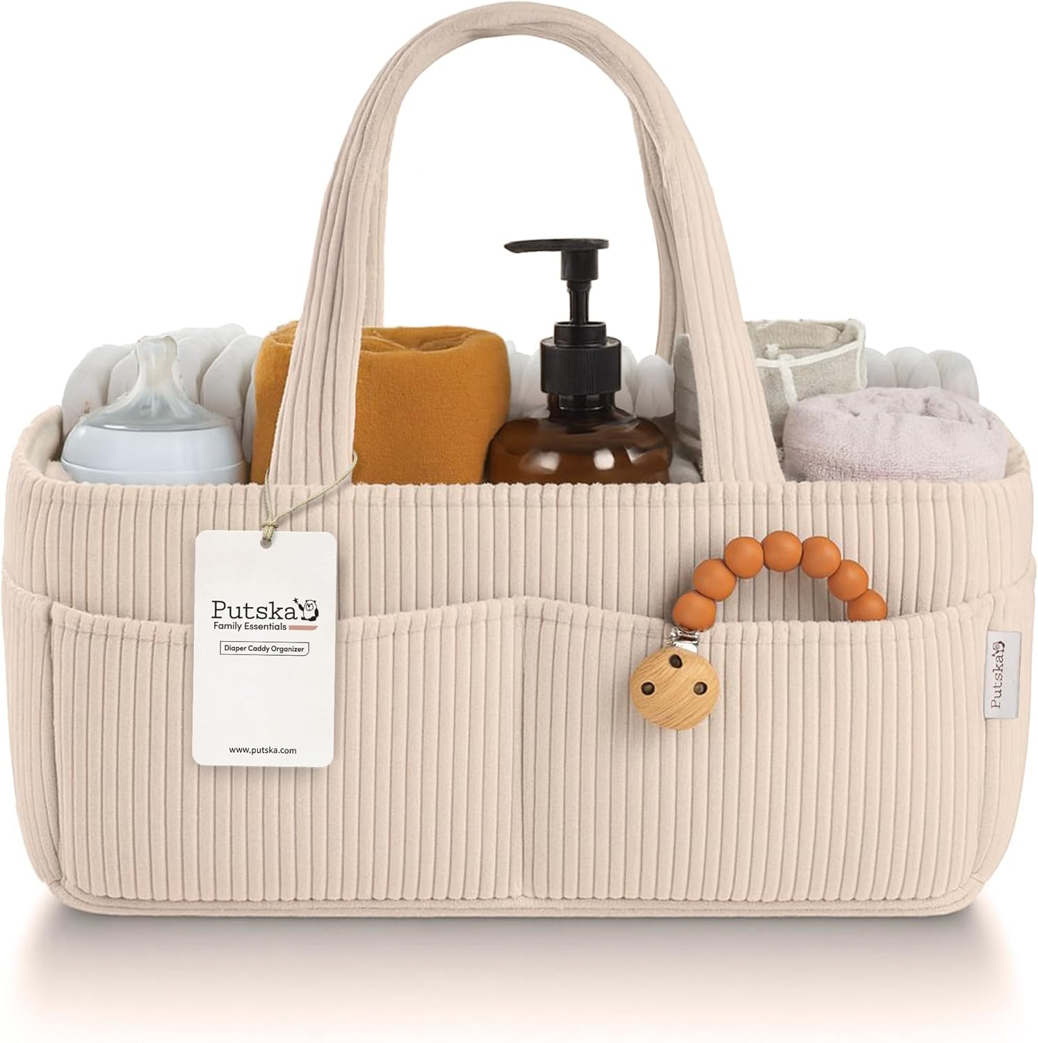 PUTSKA Baby Nappy Caddy Organiser for Changing Table &ndash; Stylish Nursery Storage Basket, Newborn Essentials, Baby Shower Gifts and Registry Must-Haves for Boy or Girl, Car Nappy Caddy, Corduroy Cream
