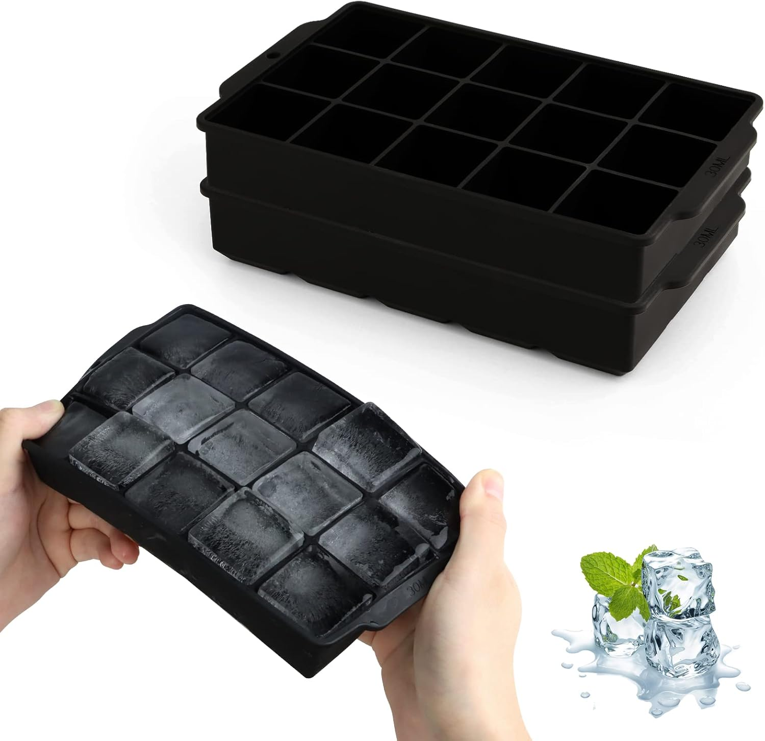 JOPHEK Ice Cube Tray, Pack of 2, 30 Compartments Silicone Ice Cube Tray, Large Square Ice Cubes, 3.5 Cm for Cocktails, Whisky, Wine, Fruit, Fruit Purees, Ice Cream, Iced Tea