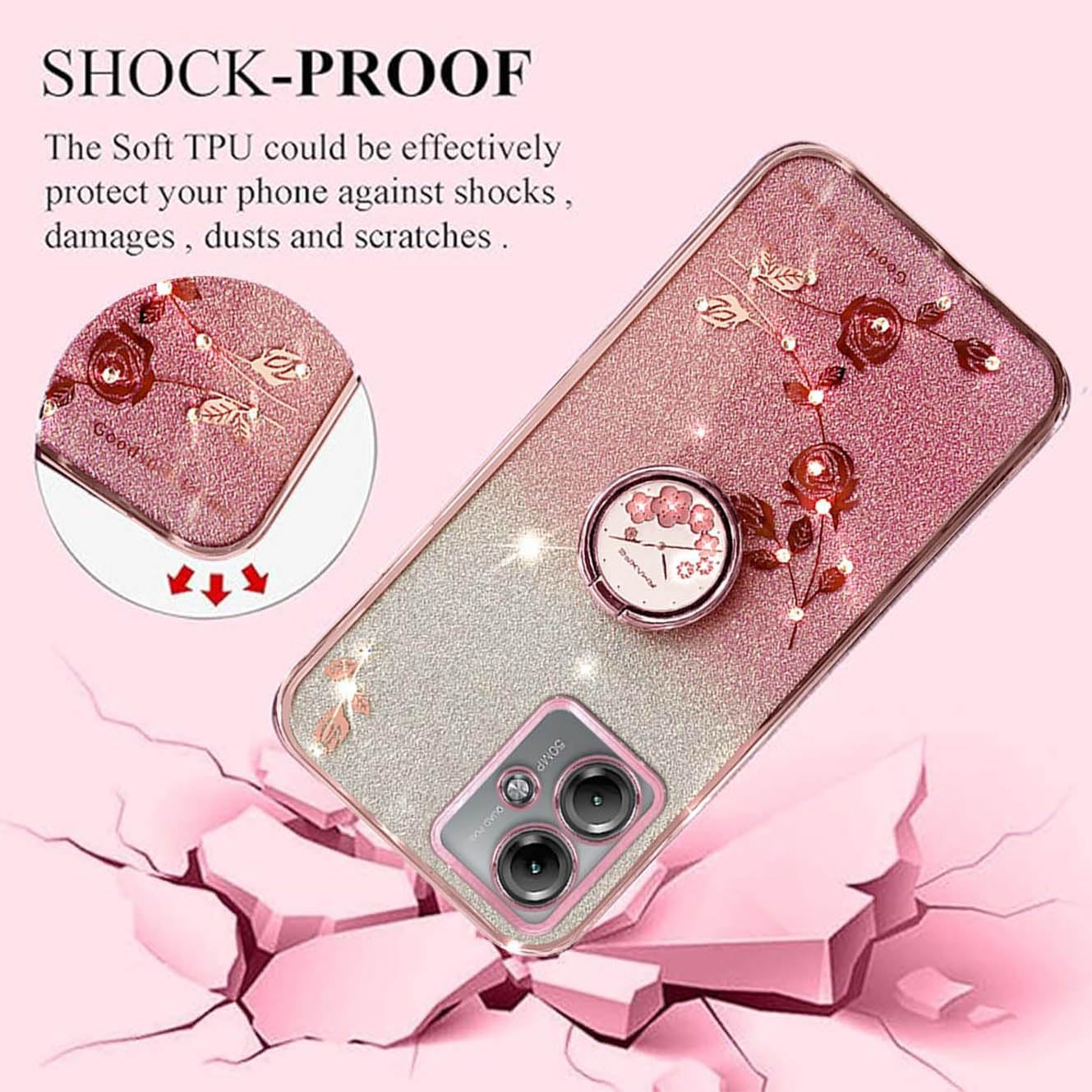 YUECXIN Case for Motorola Moto G55 5G with Shiny Flowers Ring Stand, Cute Bling Women Girls Mobile Phone Case, Ultra Thin Shockproof Soft TPU Silicone Protective Case, Pink image number 5