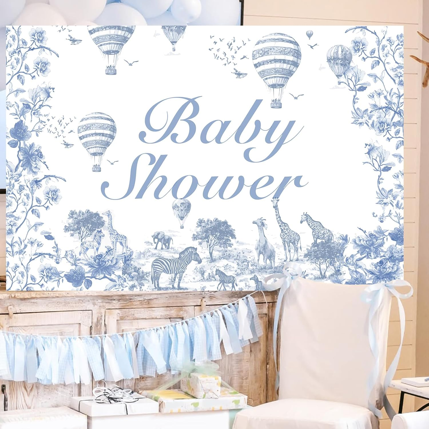 Wonmelody Jungle Safari Baby Shower Backdrop 5 * 3 Ft Dusty Blue Jungle Baby Shower Decor Chinoiserie Party Decor Jungle Animal Theme Giraffe Elephant for Chinoiserie Floral Baby Shower Birthday image number 4