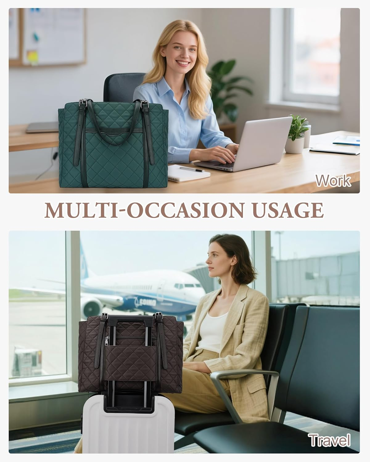 Quilted Laptop Bag for Women,Vaschy Puffer Work Tote Bag Office Briefcase Handbag Shoulder Bag for Business,Travel,College, Fits 15.6In Laptop - Green image number 3