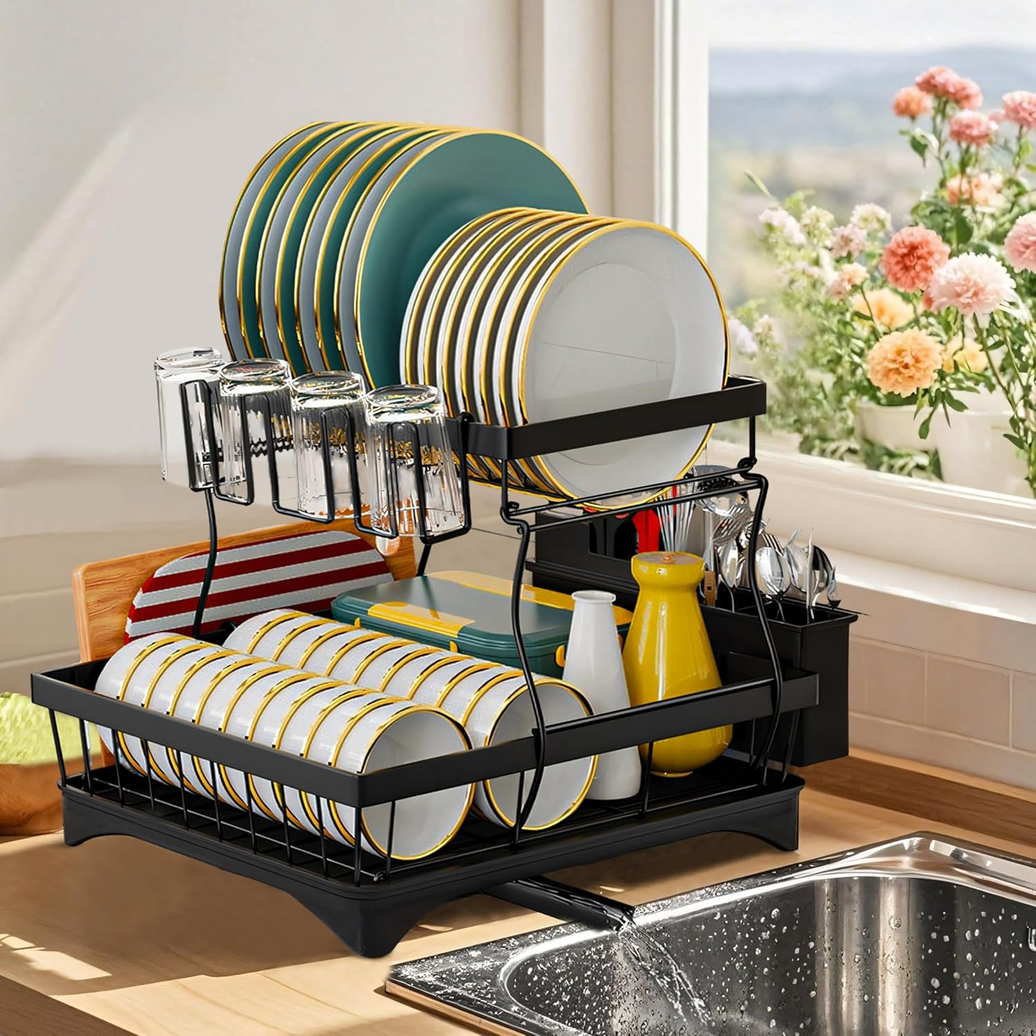 2-Tier Dish Drying Rack &ndash; Heavy-Duty Dish Drainer with 360&deg; Rotating Drainage System, Space-Saving Kitchen Storage & Organization, Black image number 5