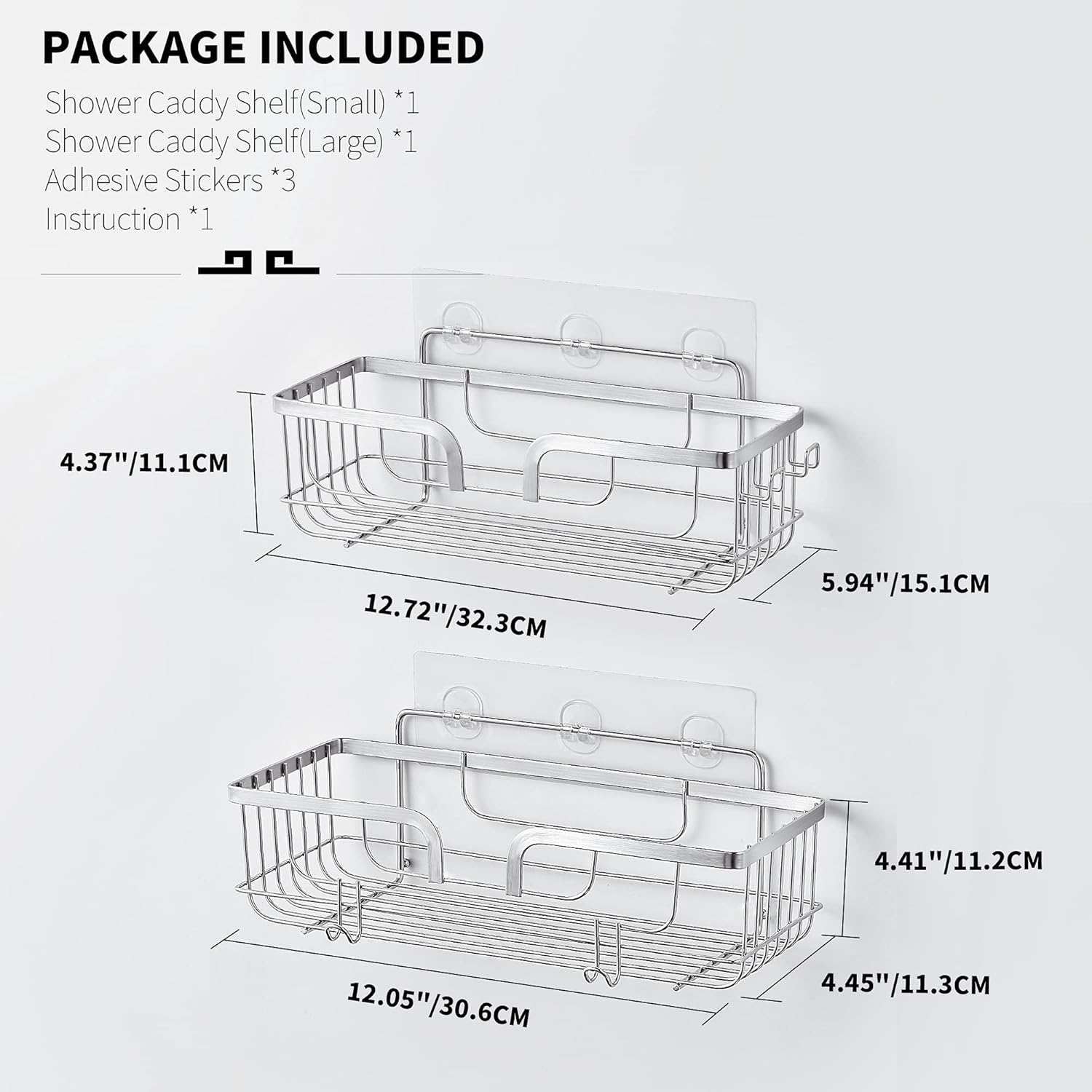 YOHOM Adhesive Shower Caddy Shampoo Holder Organizer with Hooks Shower Wall Shelf Storage Basket Stainless Steel 2 Pack Silver image number 3