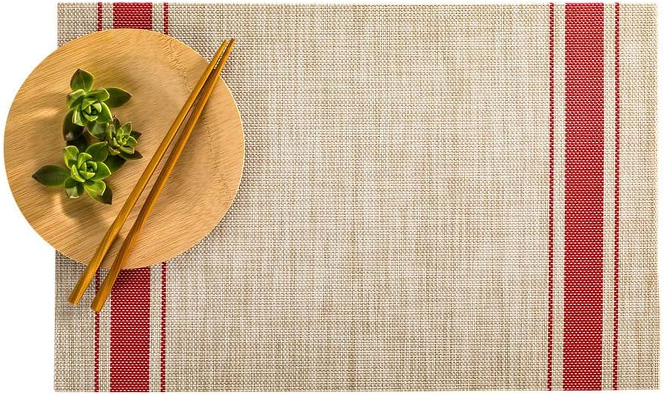 Restaurantware French Countryside 16 X 12 Inch Dining Table Placemats Set of 6 Heat-Tolerant Kitchen Table Mats - Eggshell Stripe No Stain Khaki Vinyl Woven Rectangle Placemats Easy to Clean