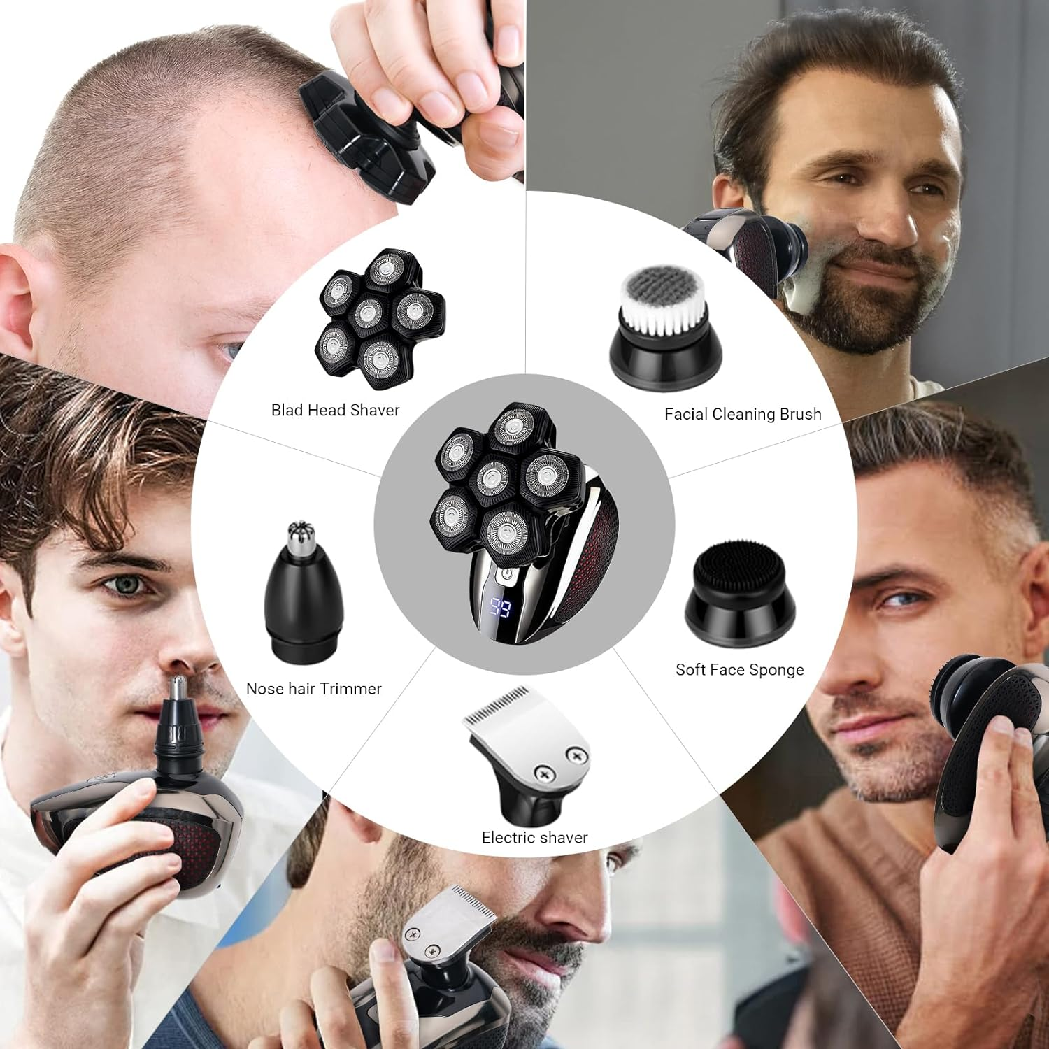 USOR Head Shavers for Bald Men, 5 in 1 Head Shaver 6D Rotary Razor Wet/Dry Led Display Rechargeable 100% Waterproof Shaver Grooming Kit with Clippers, Nose Trimmer, Brush, Massager for Travel image number 2