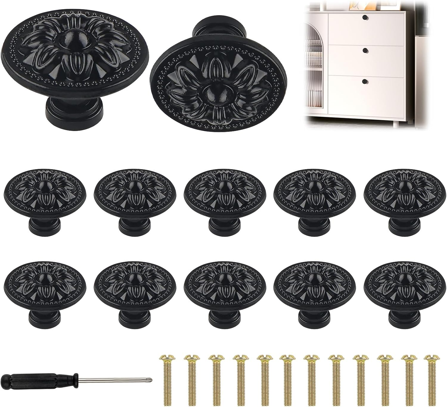 Ynewl Pack of 12 Vintage Furniture Handles, 30 Mm round Furniture Knobs with Screws Screwdriver, Floral Pattern Cabinet Knobs - Used for Cupboards, Wardrobes, Furniture and Hardware Handles (Black