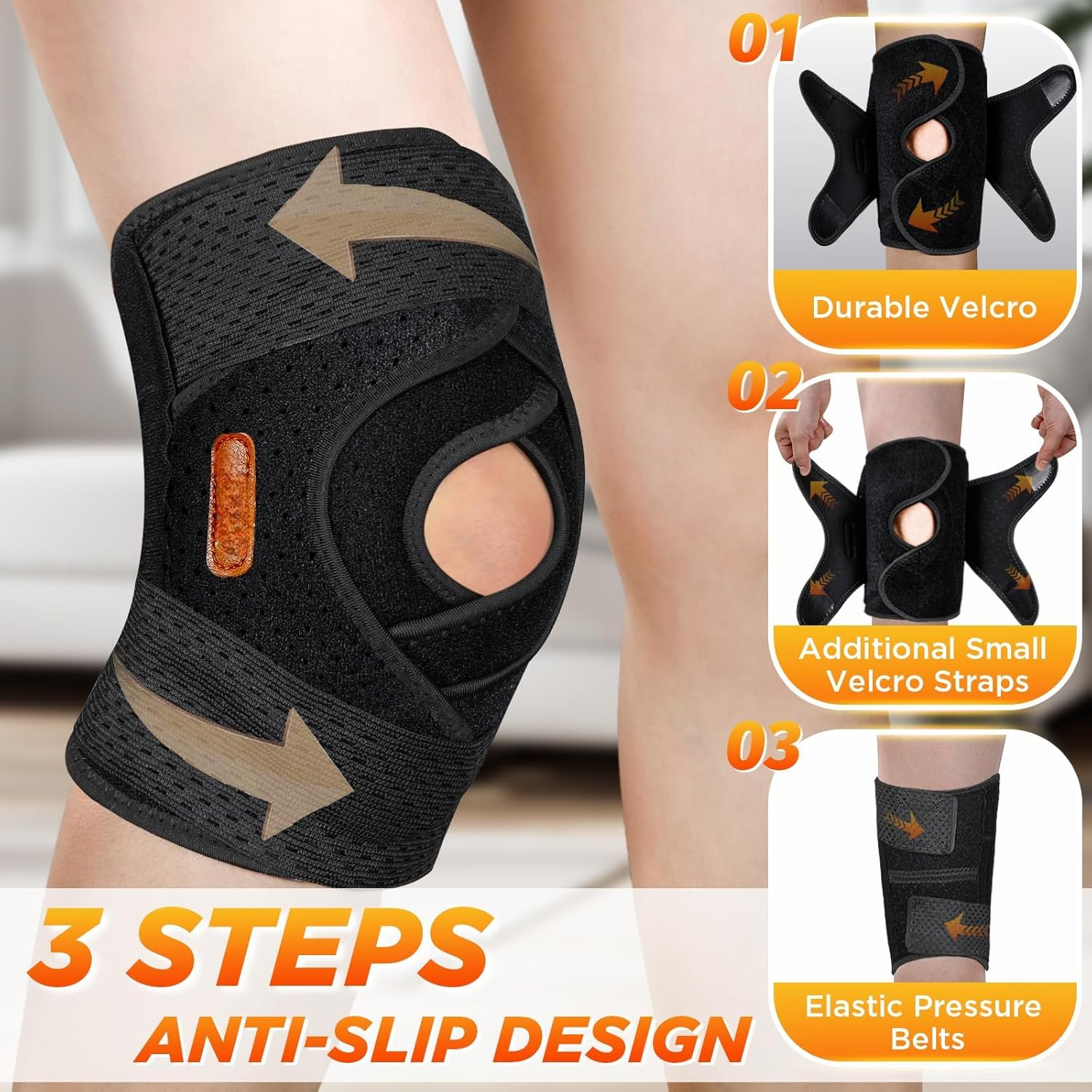 Lightweight & Breathable Knee Braces for Knee Pain Women Men, Knee Brace with Side Stabilizers for Meniscus Tear, MCL, ACL, Arthritis, Knee Support with Adjustable Straps (Black, XXL) image number 2