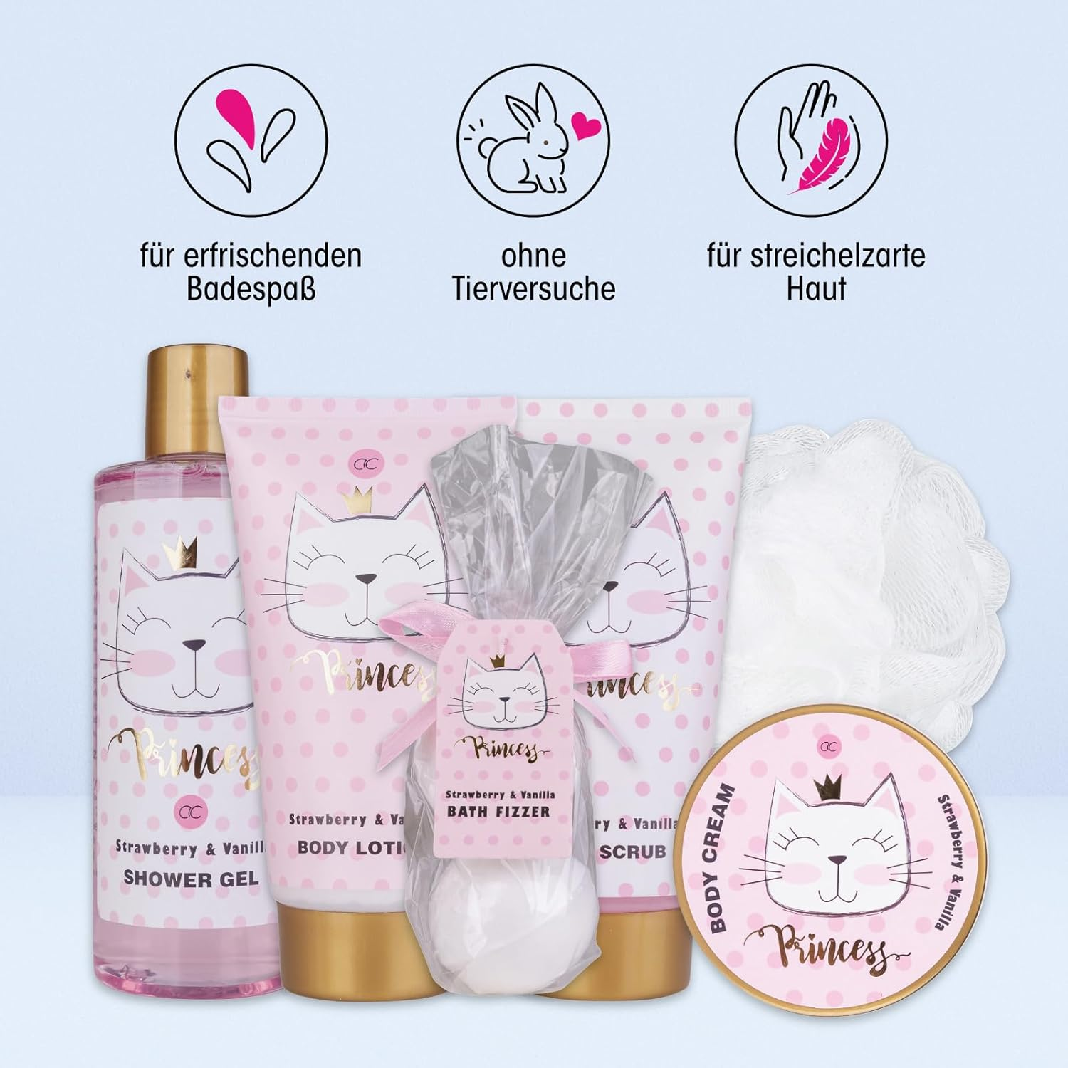 Accentra Princess Kitty Gift Set for Girls & Women - 7 Piece Shower Set with Bubble Bath, Exfoliating, Shower Gel, Body Lotion & More - Strawberry & Vanilla Fragrance in Sweet Gift Box image number 4