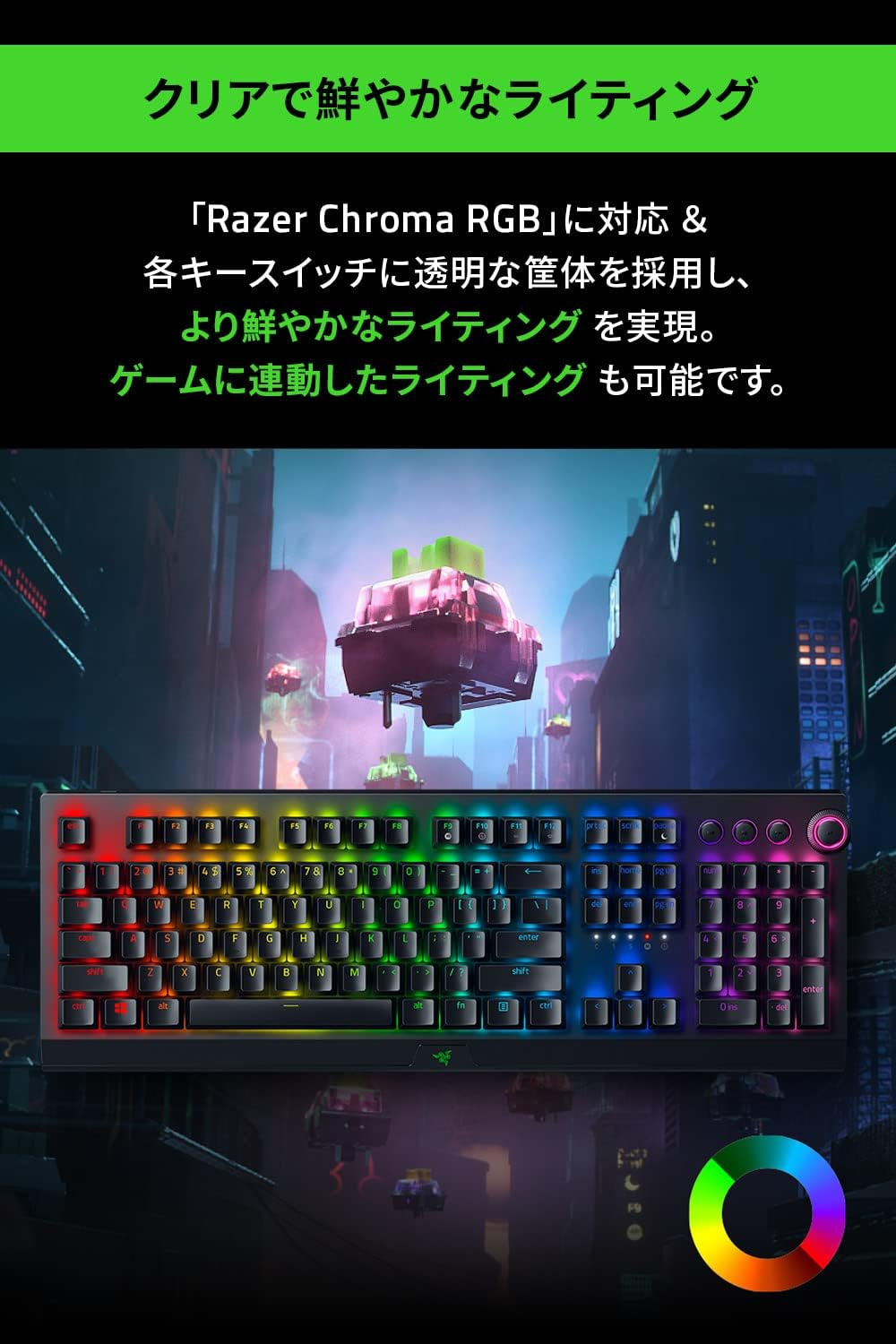 Razer Blackwidow V3 Pro JP Green Switch Wireless Gaming Keyboard, Mechanical, Green Axis, Chroma, RGB, Japanese Arrangement, RZ03-03531300-R3J1 image number 2