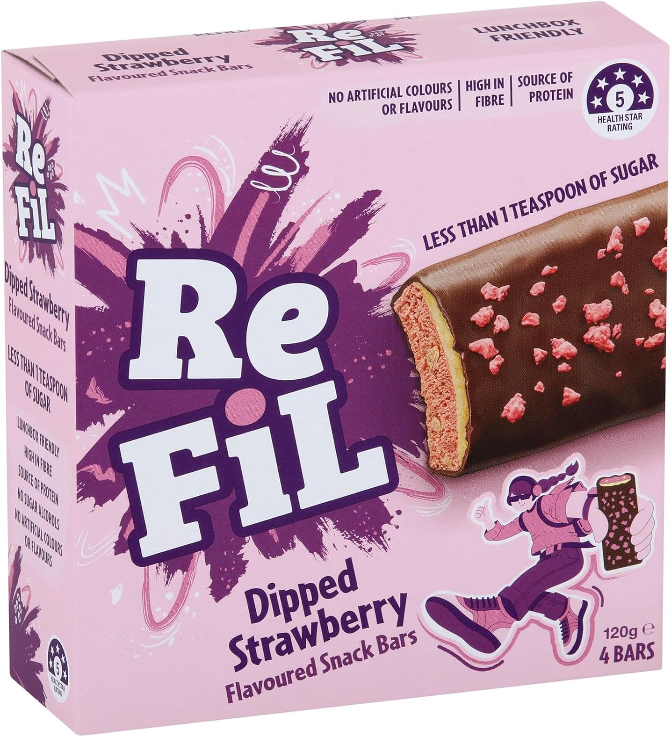Refil Dipped Strawberry Snack Bars, High Fibre, Protein, Less than 1 Teaspoon Sugar, 4Pk, 120G
