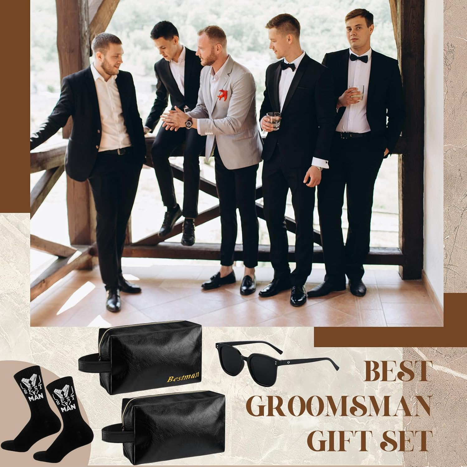 Chicingyou 18 Pcs Groomsmen Gifts Set of 6, Groomsman Proposal Gift Includes 6 Leather Toiletry Bags 6 Sunglasses and 6 Pairs of Socks for Wedding Man Gift Bachelor Party Favors image number 3