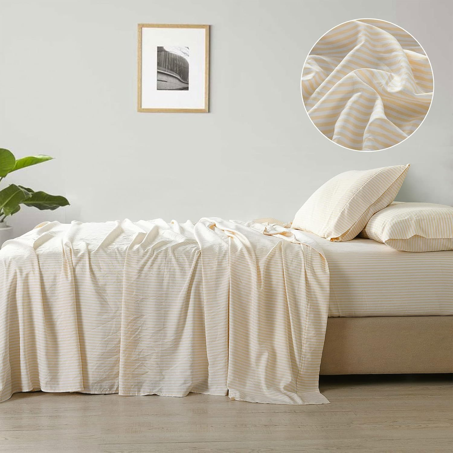 Royal Comfort Sheet Set Linen Blend Stripes 100GSM All Seasons Bedding Ultra Soft, 1 X Flat Sheet 1 X Fitted Sheet 2 X Pillowcases (4 Pcs, King, Beige) - Charcoal image number 5