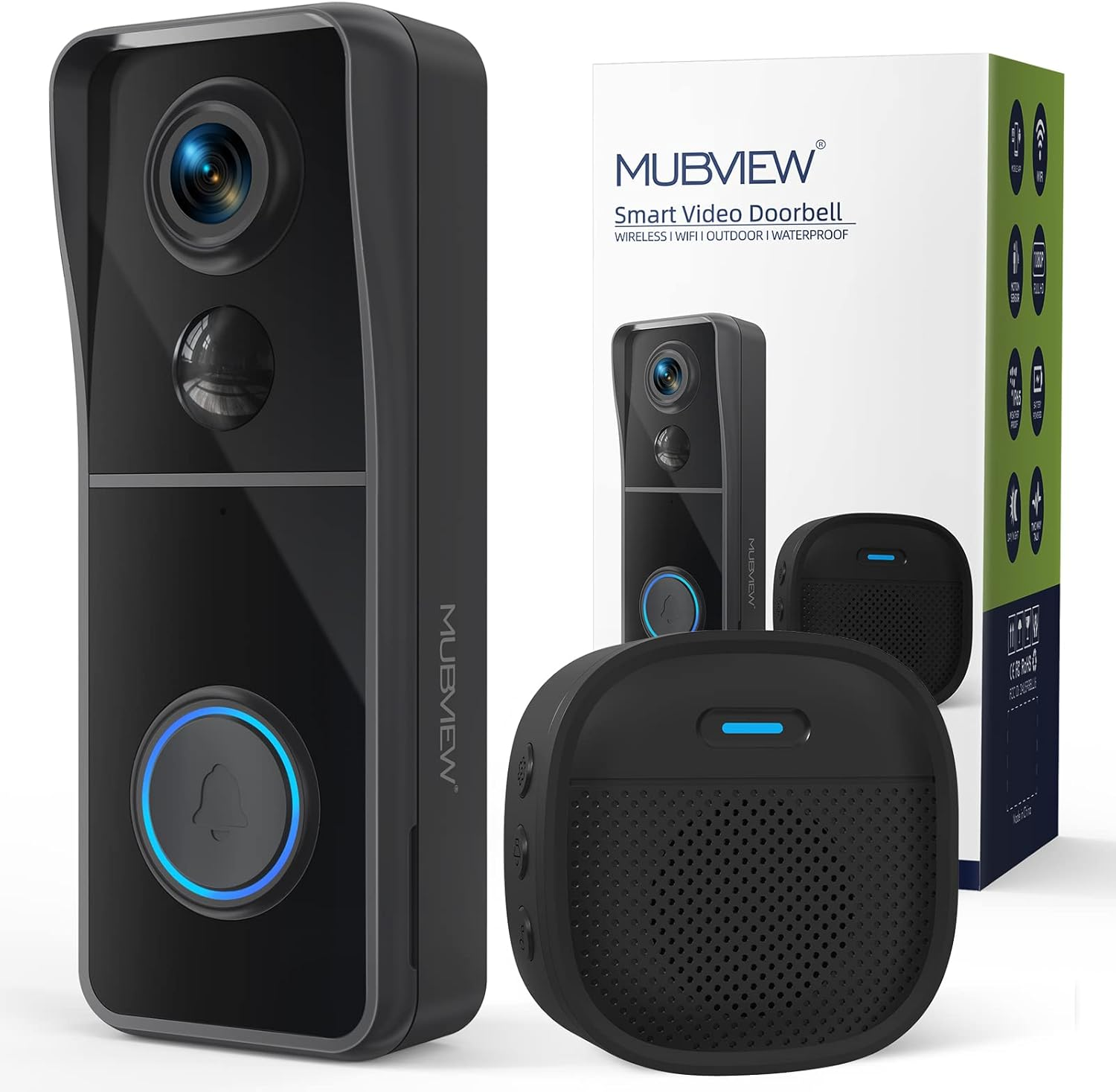 MUBVIEW Doorbell Camera Wireless with Chime, Video Doorbell - No Subscription, Voice Changer, Motion Zones, 1080HD, PIR Human Detection, 2.4Ghz Wifi, Battery-Powered Smart Doorbell