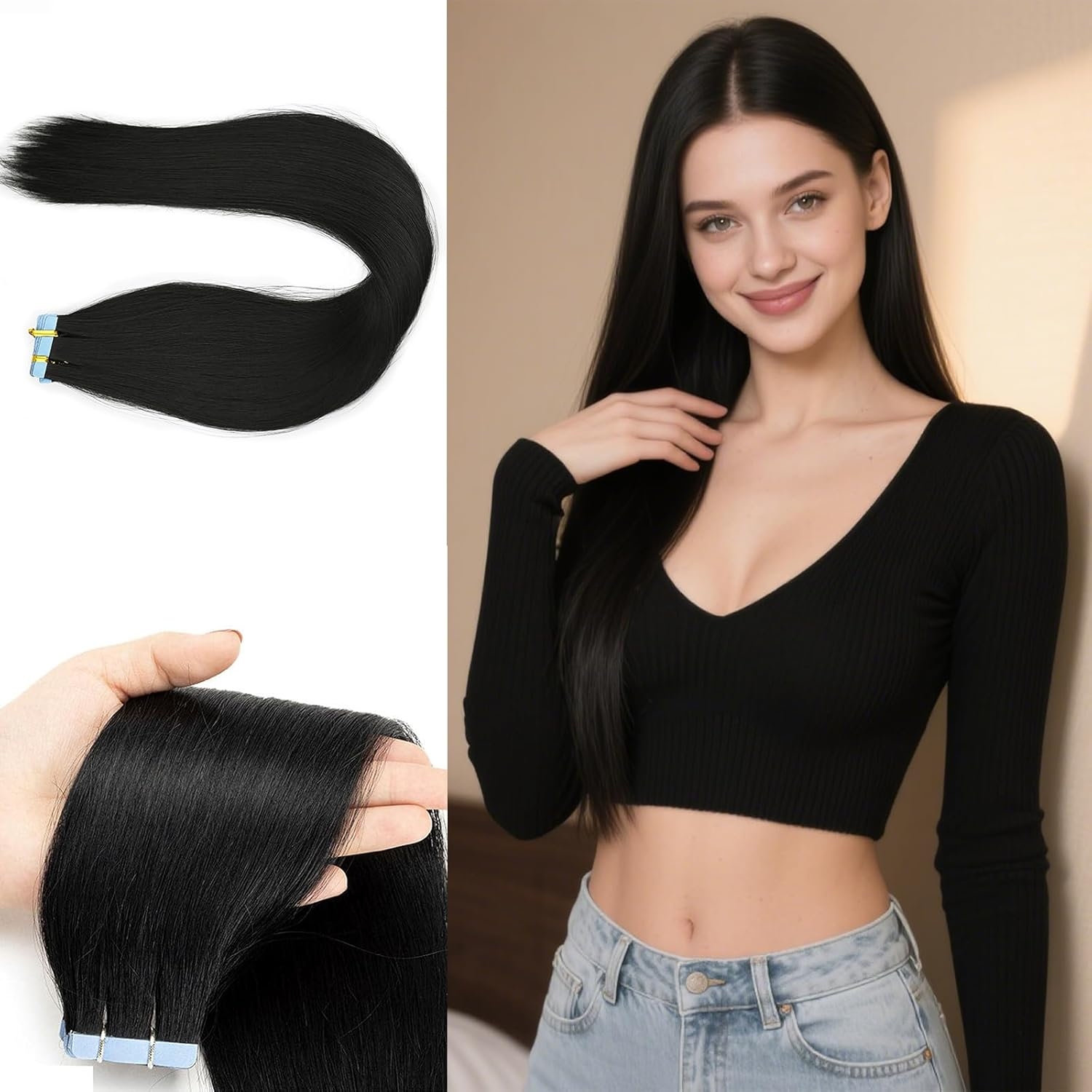 Xeelfaro Black Tape in Hair Extensions 24Inch Straight Synthetic Hair for Women 20Pcs for Natural-Looking Volume (Black, 24Inch)