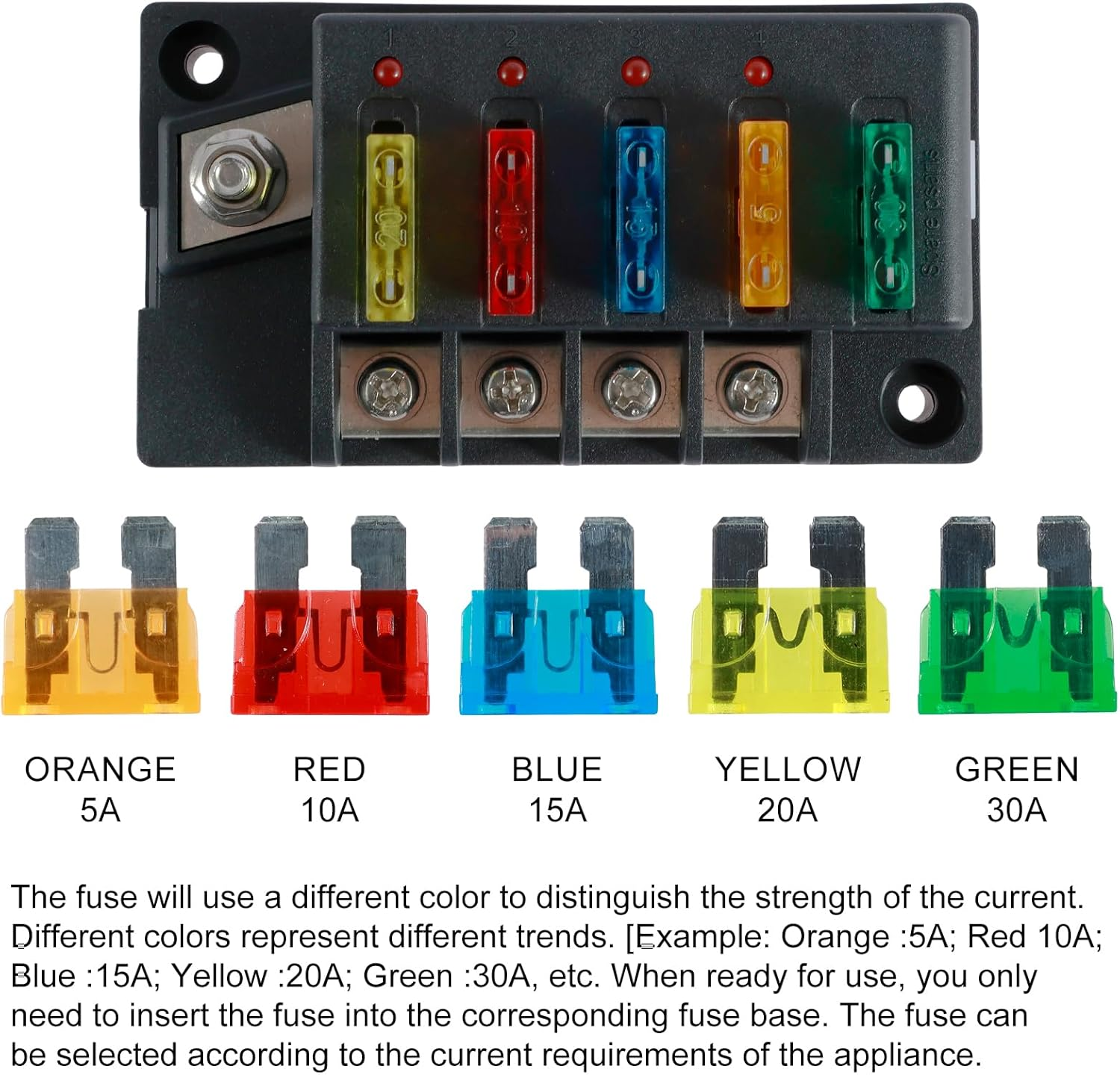 12V Fuse Block, Blade Fuse Box Holder with LED Indicator Waterproof Cover, Dust-Proof Fuse Box Holder, Safe Compact Car Marine Fuse Panel for Car Automotive Boat RV (4-Way) image number 3