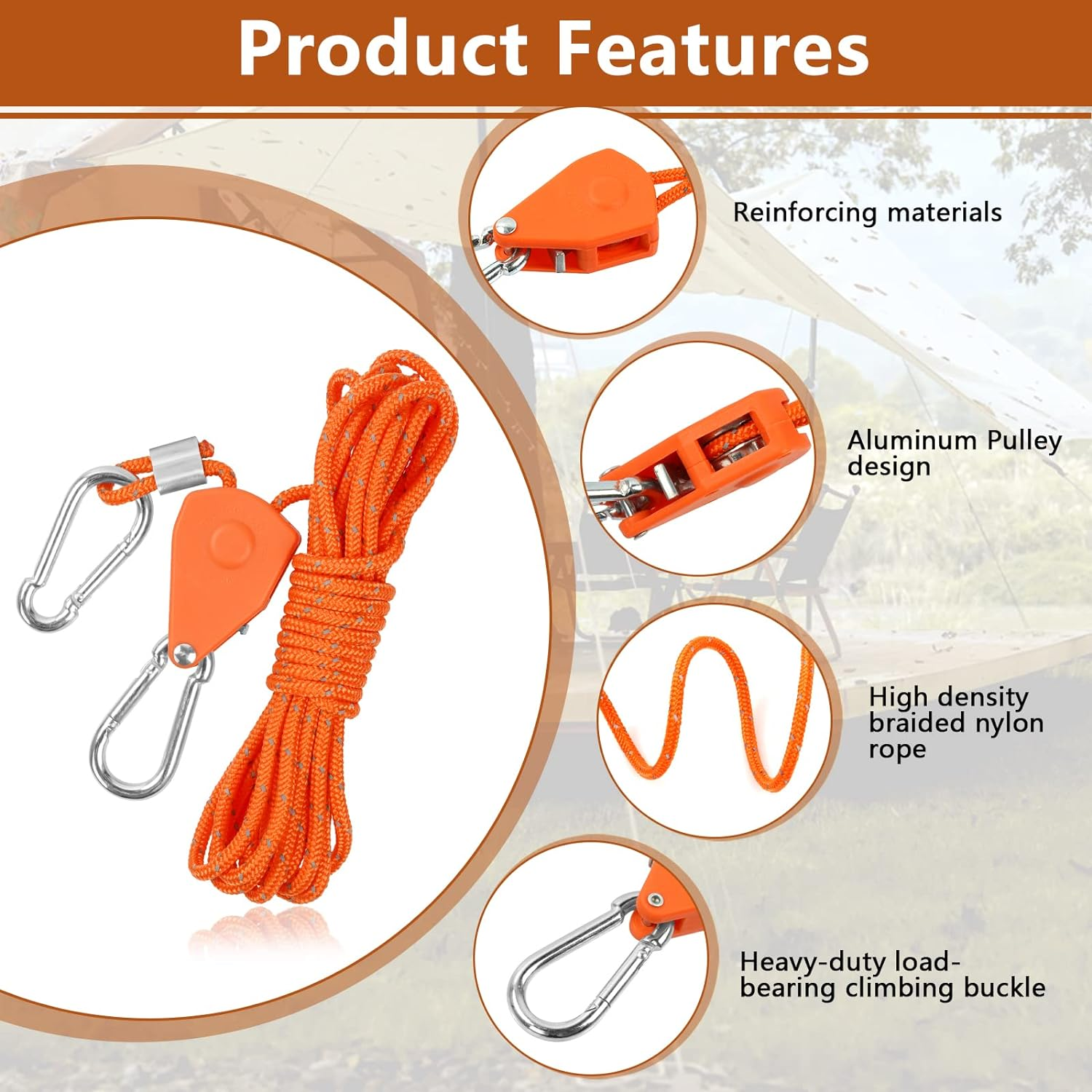 Pack of 4 4 Mm Reflective Guy Ropes Rope with Rope Tensioner, 4 M Rope Ratchet Tent Cord Luminous with Tensioner Adjuster Adjustable Nylon Outdoor Rope for Tent Tarpaulin Awning Camping image number 5