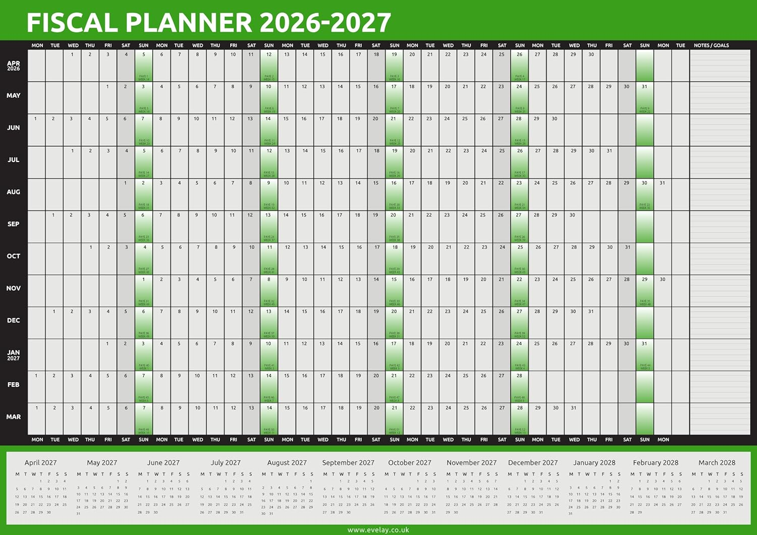 2026 2027 Wall Planner - Fiscal Calendar A1 Size (84Cm X 59Cm) - Full Year to View for Home Office Work School image number 2