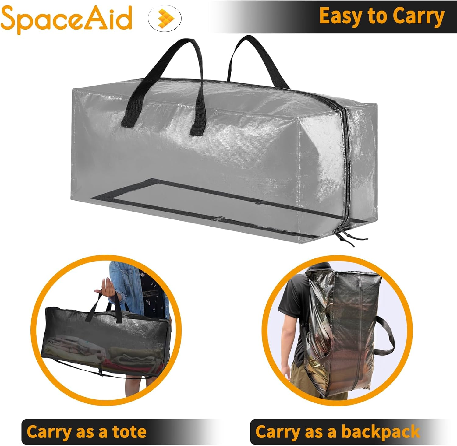 Spaceaid Heavy Duty Moving Bags, Extra Large Storage Totes W/Backpack Straps Strong Handles & Zippers, Alternative to Moving Boxes, Packing & Moving Supplies, Clear (8 Pack) image number 5