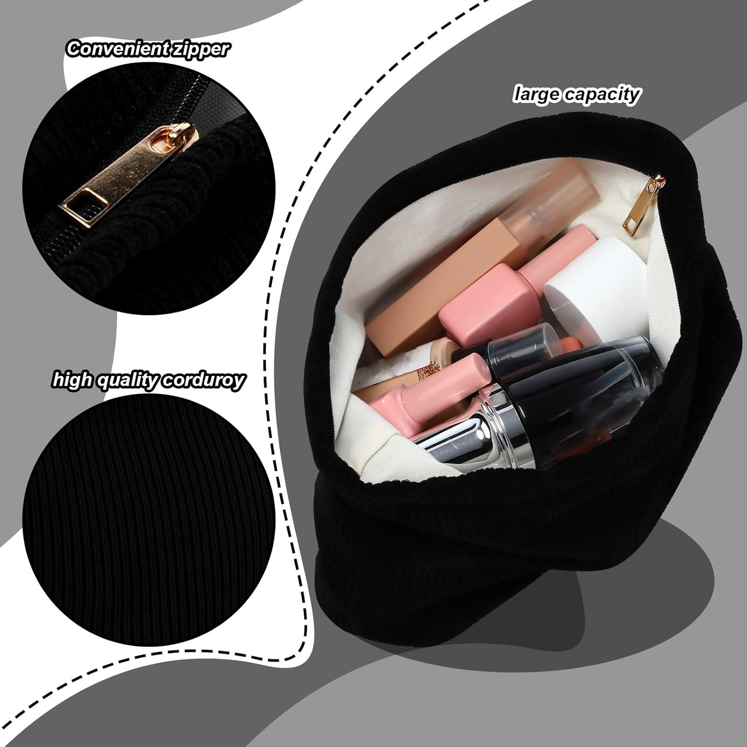 Sanwuta 3 Pack Corduroy Makeup Bag Set Cosmetic Toiletry Travel Pouch Organizer Velvet Makeup Bag for Women Large Pouch Zipper Purse Make up Organizer, Women Girls Gift, Black, Corduroy image number 5