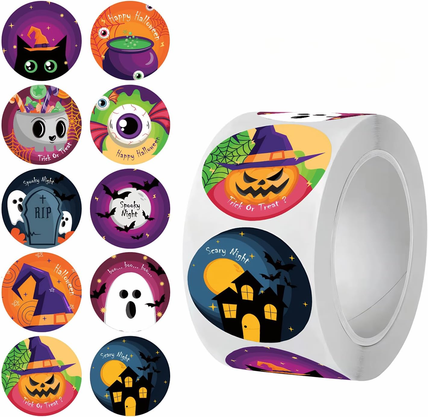 Halloween Sticker for Kids, 500 Pcshalloween Pumpkin Bat Spider Stickers Roll,10 Vibrant Colors and Designs, round Seal Label Stickers, Envelope Seals Paster for Halloween Party Decorations image number 2