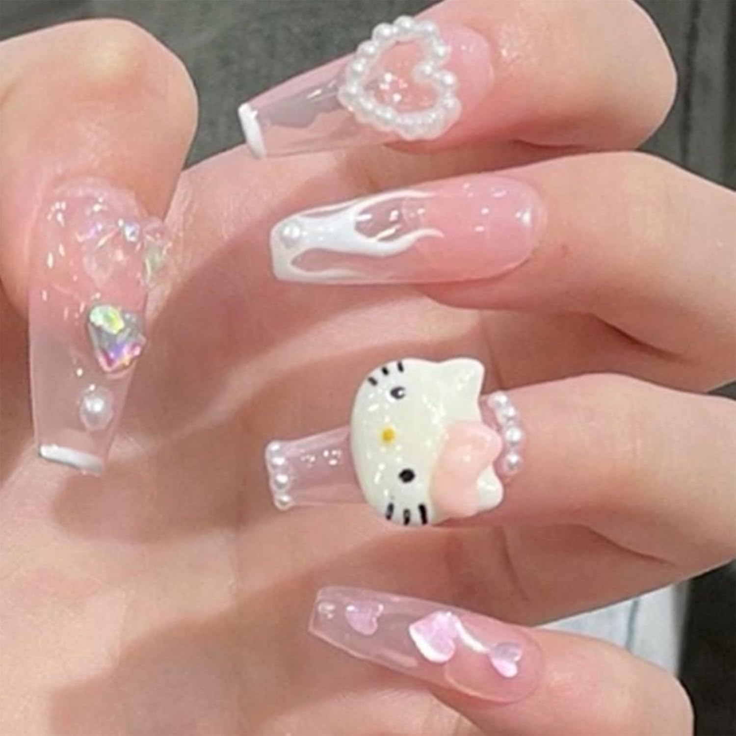 24PCS French Pink Kitty Press on Nails,Cute Kawaii 3D False Nails,Cartoon Y2K Long Length with Flame and Rhinestone Design,Trapezoid Coffin Fake Nails,Glossy and Full Cover Acrylic Nails for Women image number 2