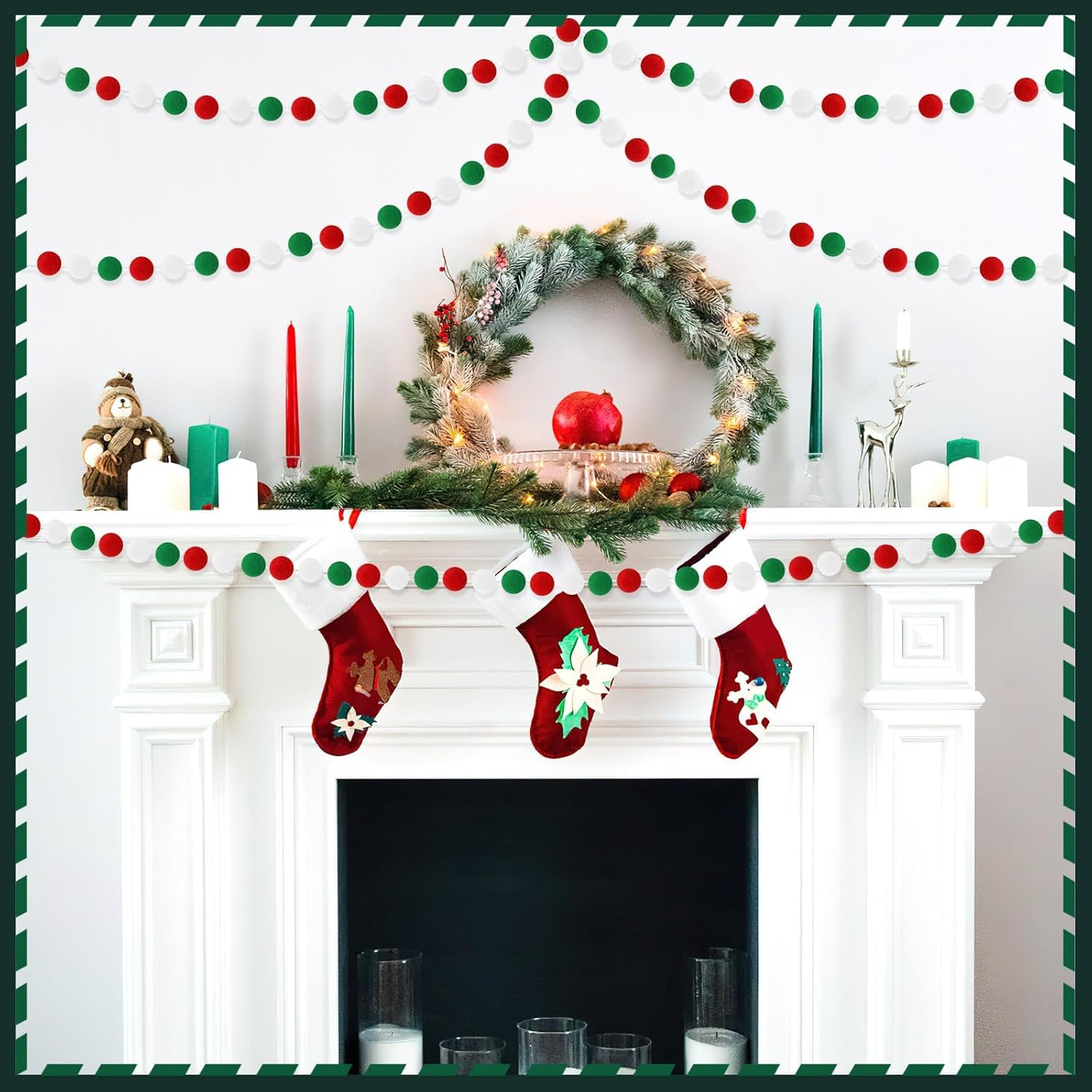 MARFOREVER 4 Pack 26.3 Feet Christmas Pom Pom Garland Ornaments Red White Green 30 Balls Garlands Christmas Felt Garland Hanging Supplies for Xmas School Classroom Fireplace Wall Home Party Decor image number 2