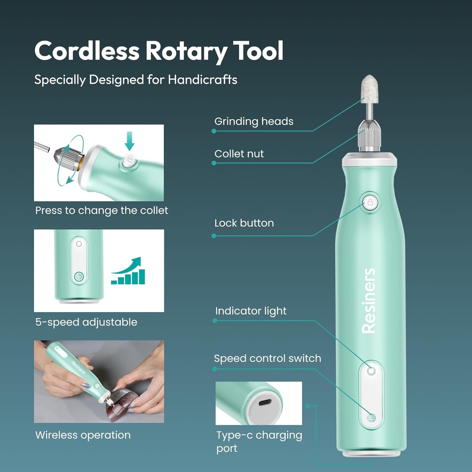 Resiners Cordless Rotary Tool Kit, Electric Resin Drill & Polishing Kit, 5-Speed Adjustable, 54Pcs Jewelry Making Kit, Professional Machine for Resin Molding, Manicure, Wooden DIY Crafts