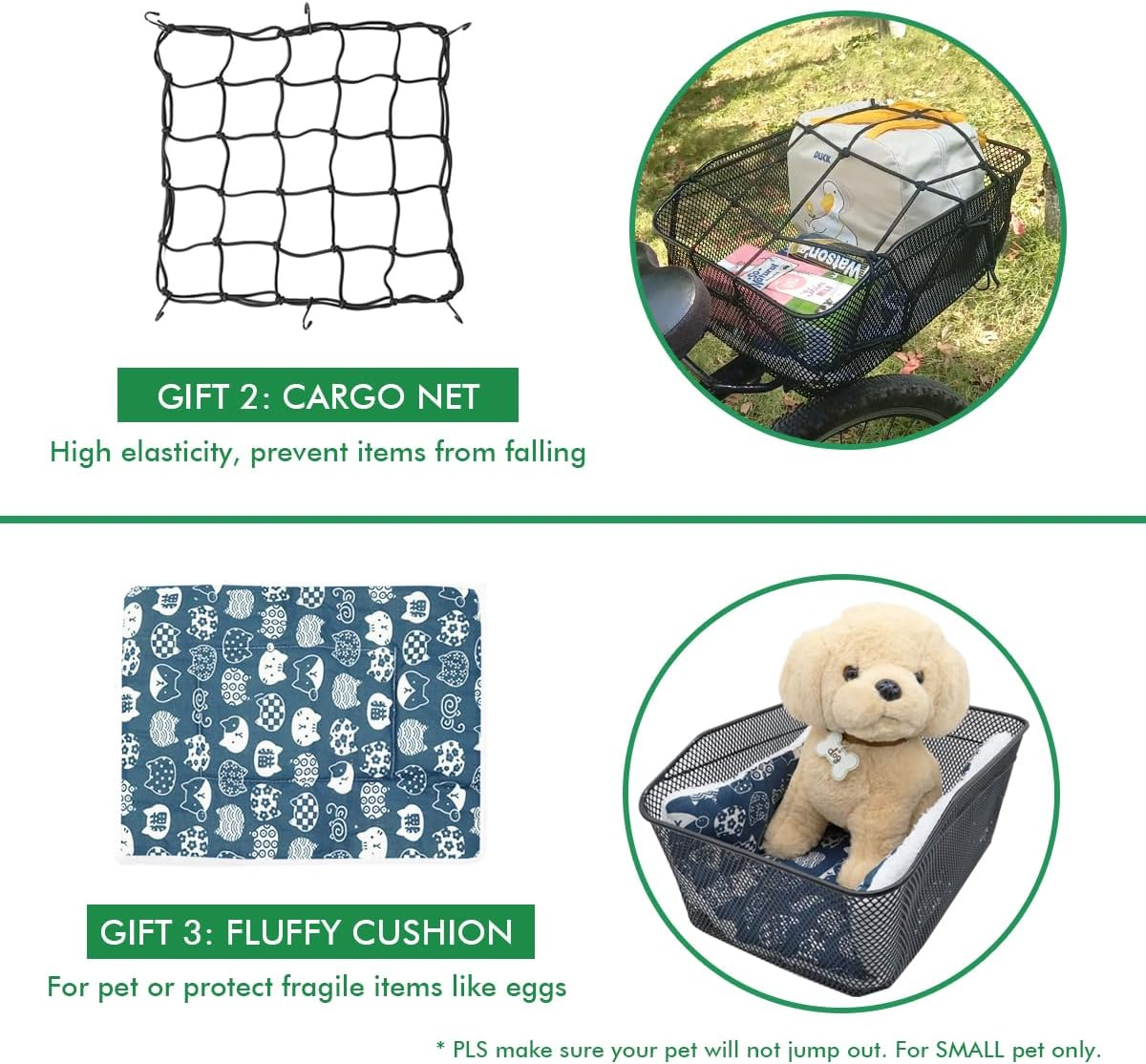 MATTISAM Bike Basket Rear, [Tool-Free Install], Bike Rack Basket for Pet, Metal Wire Bike Cargo Basket, Bicycle Basket for Back of Bike, with Waterproof Cover, Cargo Net