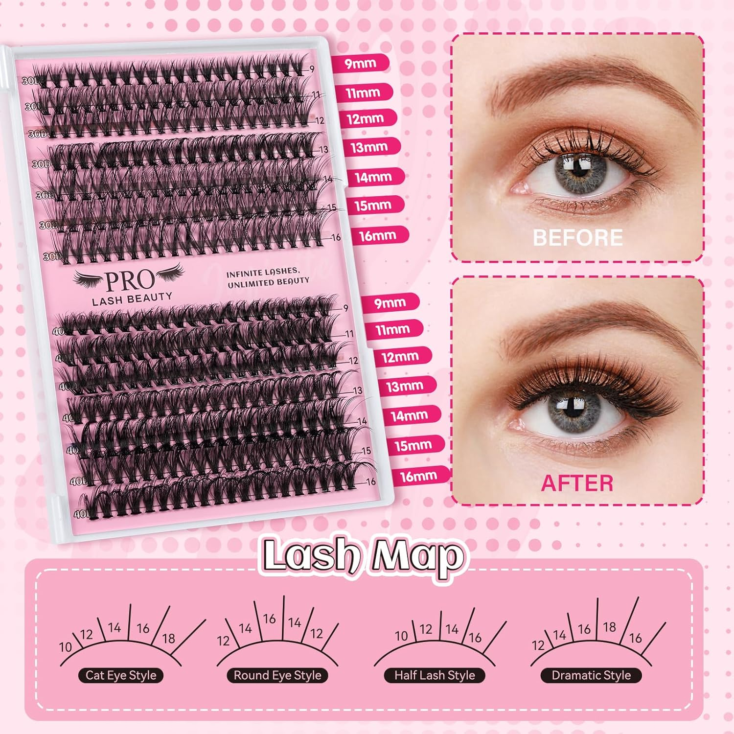 DIY Lash Extension Kit 280 Pcs Cluster Lashes Lash Clusters Kit 30D+40D with Lash Bond and Seal Waterproof Lash Applicator Individual Lashes Apply at Home Easy(30D+40D-9-16Mix Kit) image number 2