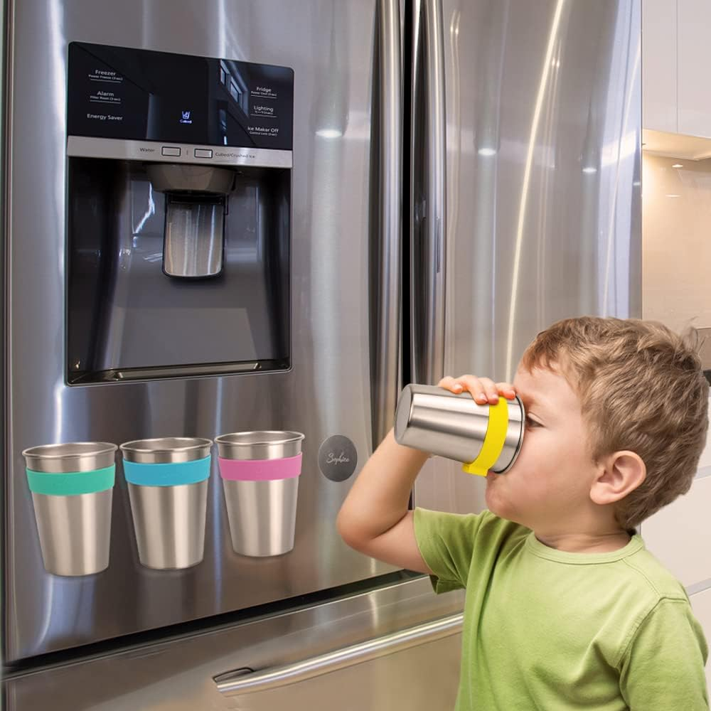 SOPHICO Magnetic Hanging Cups for Toddlers Kids and Adults, Hanging Cup on Fridge or Watercooler, for Independent Drinkers (Mix-12Oz, Stainless Steel)