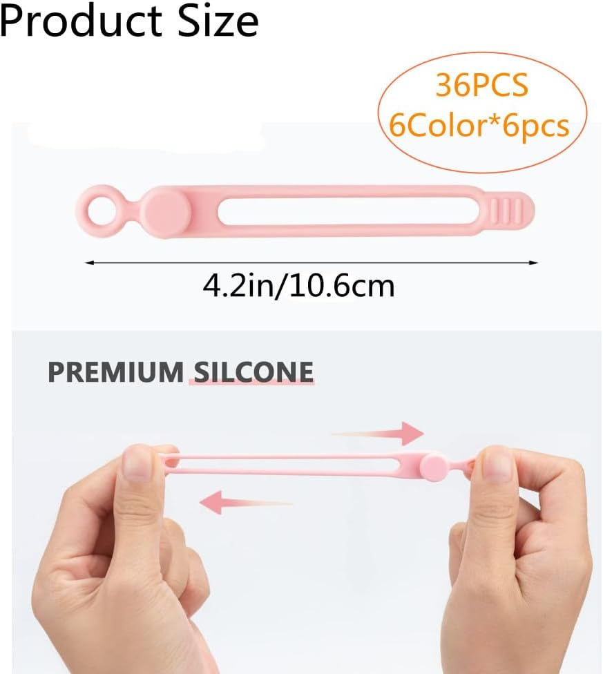 36Pcs Silicone Cable Straps Wire Organizer for Earphone, Phone Charger, Mouse, Audio, Computer, Reusable Cable Ties Cord Organizer(6Colors) image number 1