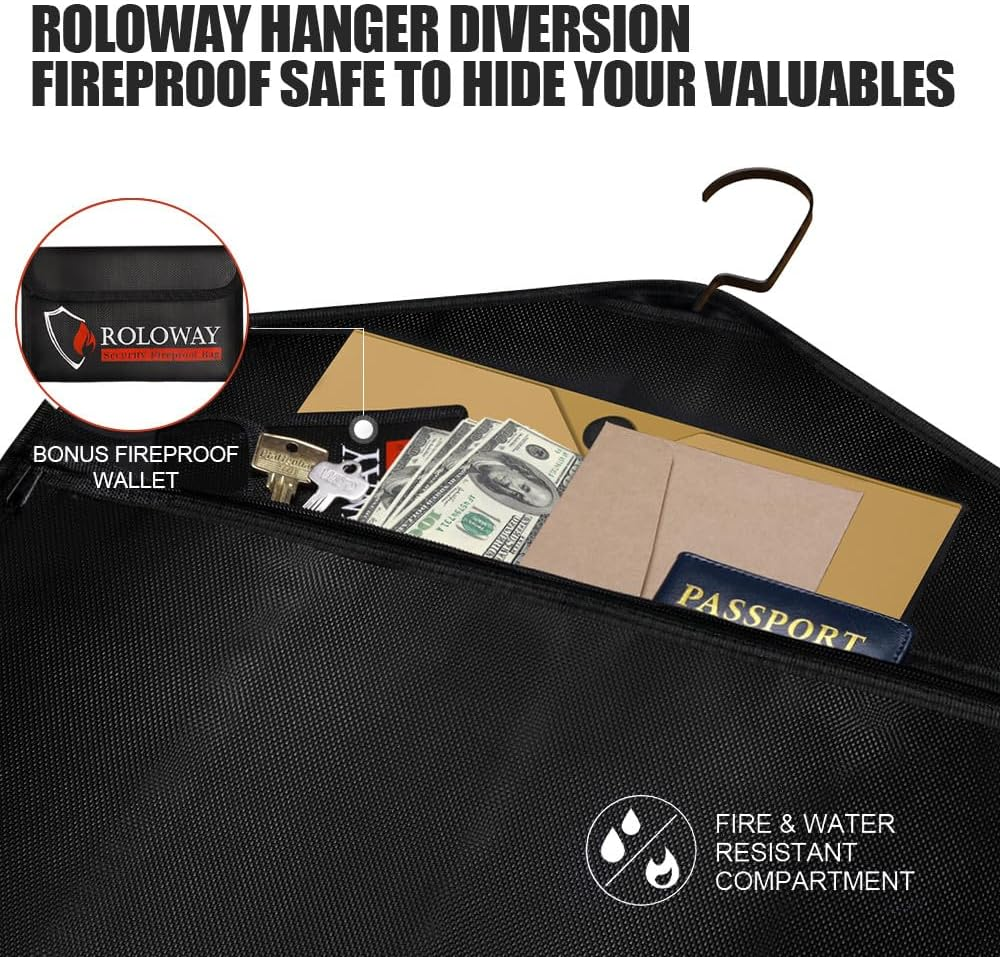 ROLOWAY Hanger Diversion Fireproof Safe, Hidden Compartment for Home & Travel, Secret Safe for Cash Hiding under Clothes with Small Fireproof Bag image number 2