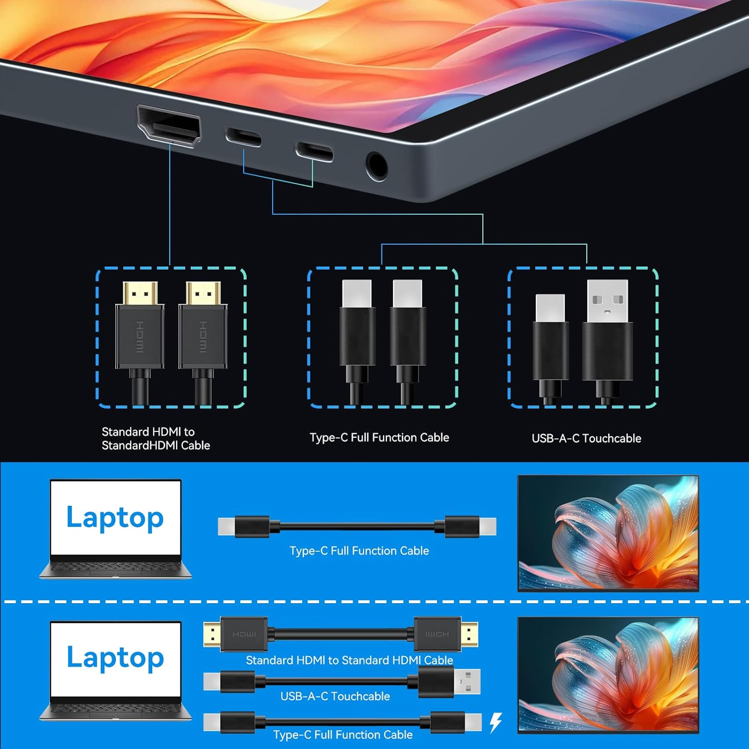 Touchscreen Portable Monitor,16 Inch 1200P Metal Ultra-Thin Portable Display, with Leather Case and Travel Bag Monitor, HDMI USB C External Display, Suitable for Laptop Xbox Switch image number 3